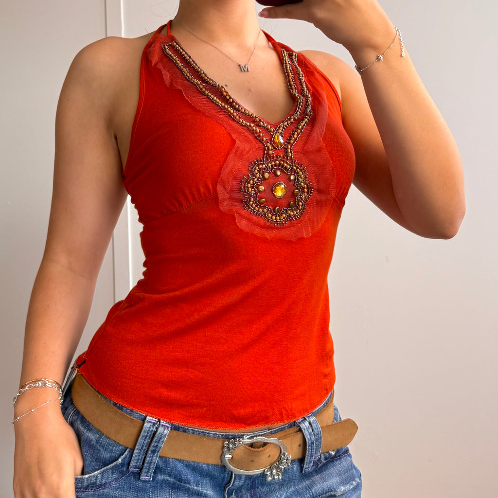 Orange beaded detailed cami with two straps