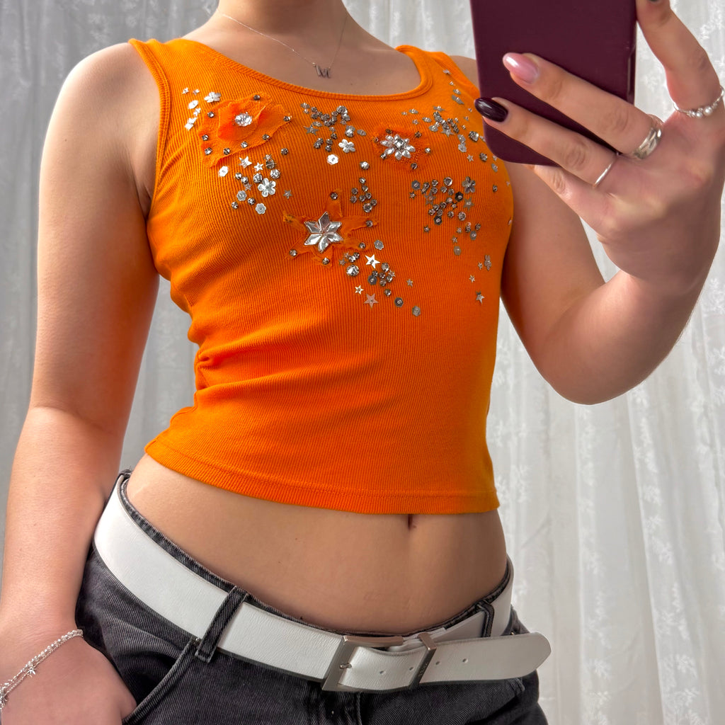 Orange rubbed and gem vest top