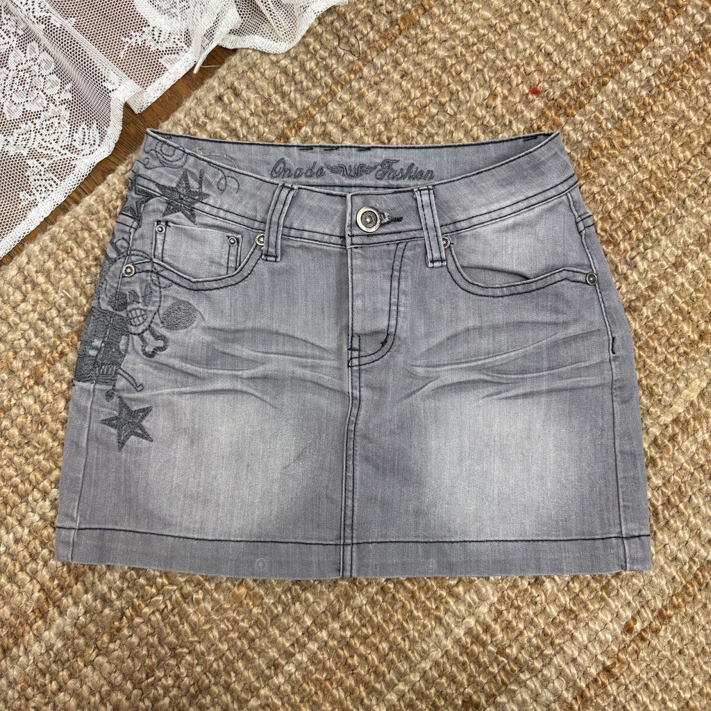 Grey denim embroided mini skirt