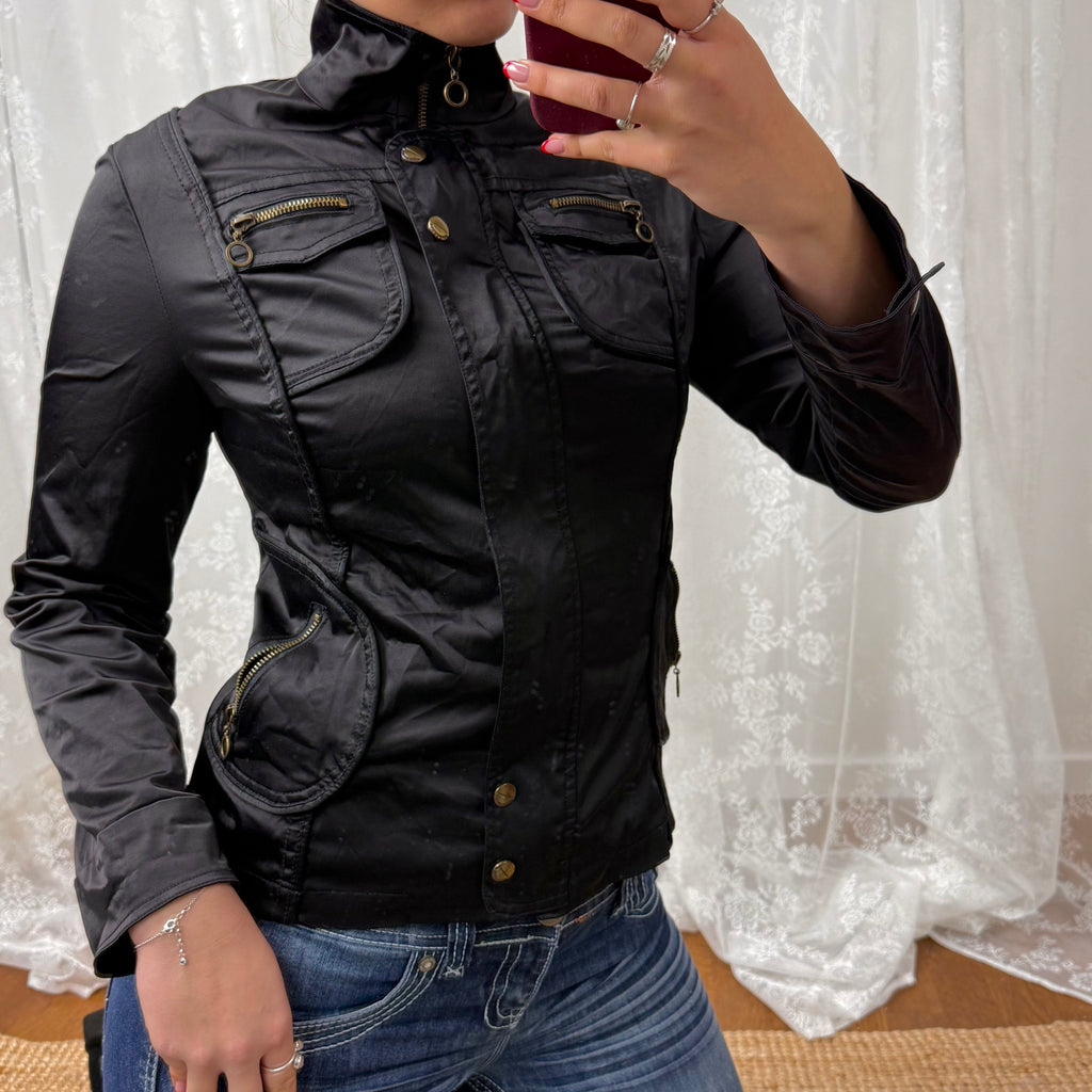 Black and gold shiny zip up cargo jacket