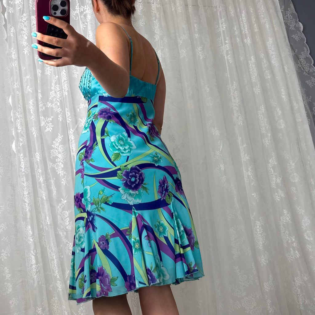 Blue and purple beaded mesh midi dress