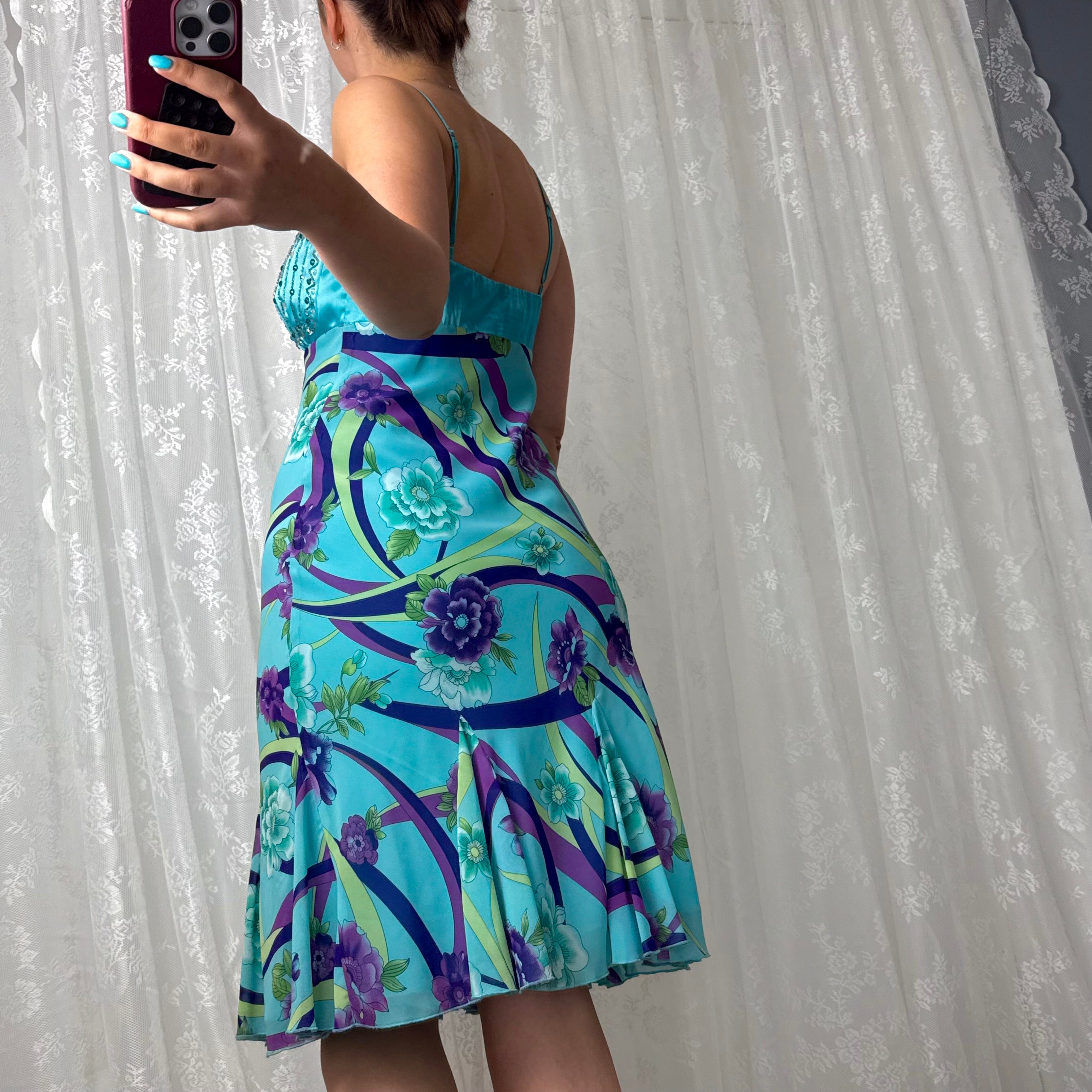 Blue and purple beaded mesh midi dress