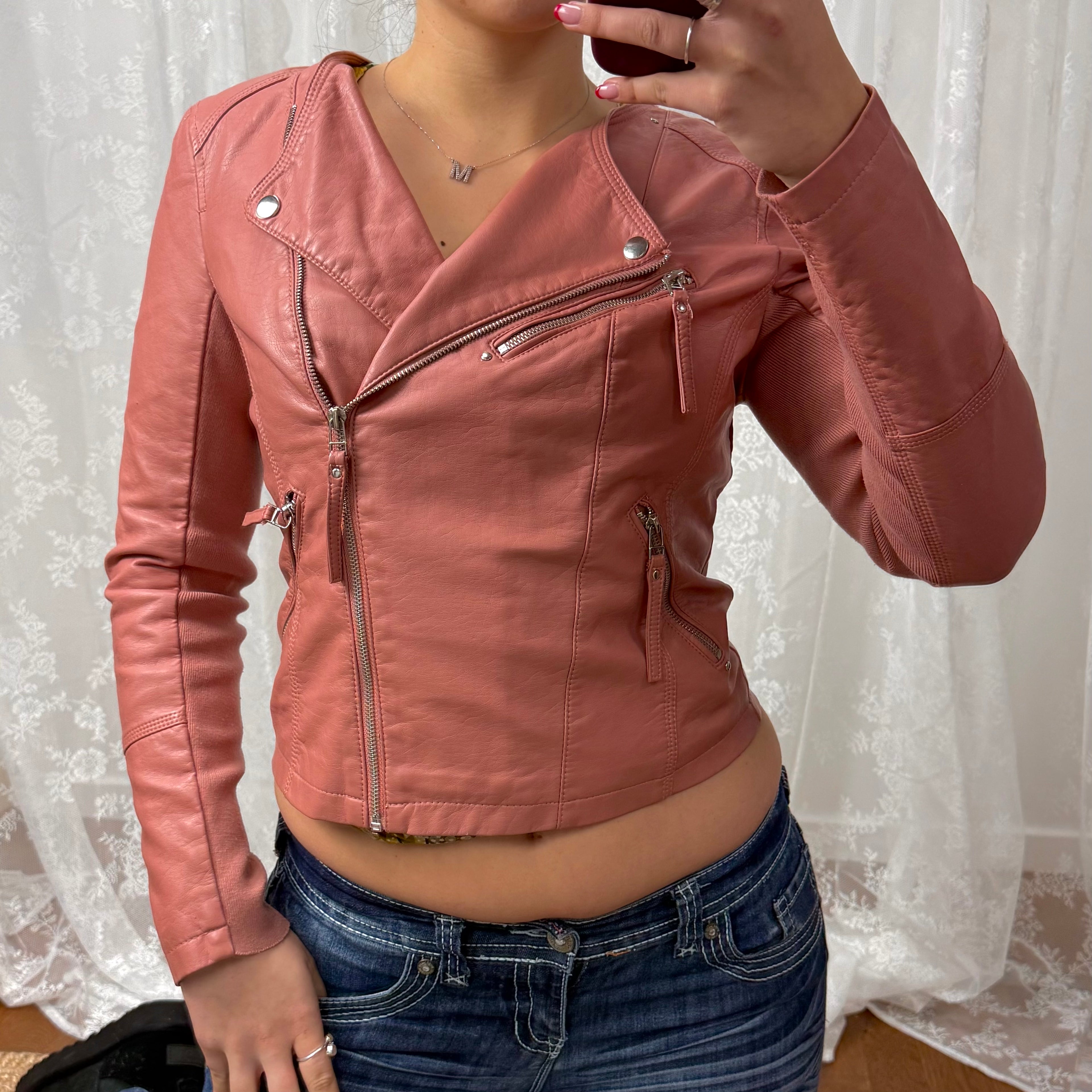 Pink faux leather zip up jacket