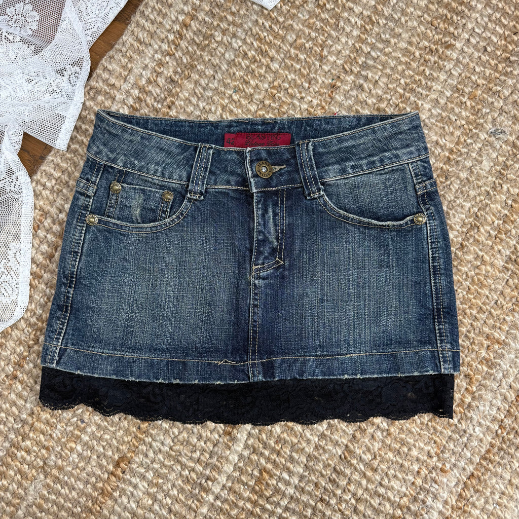 Blue denim mini skirt with black lace