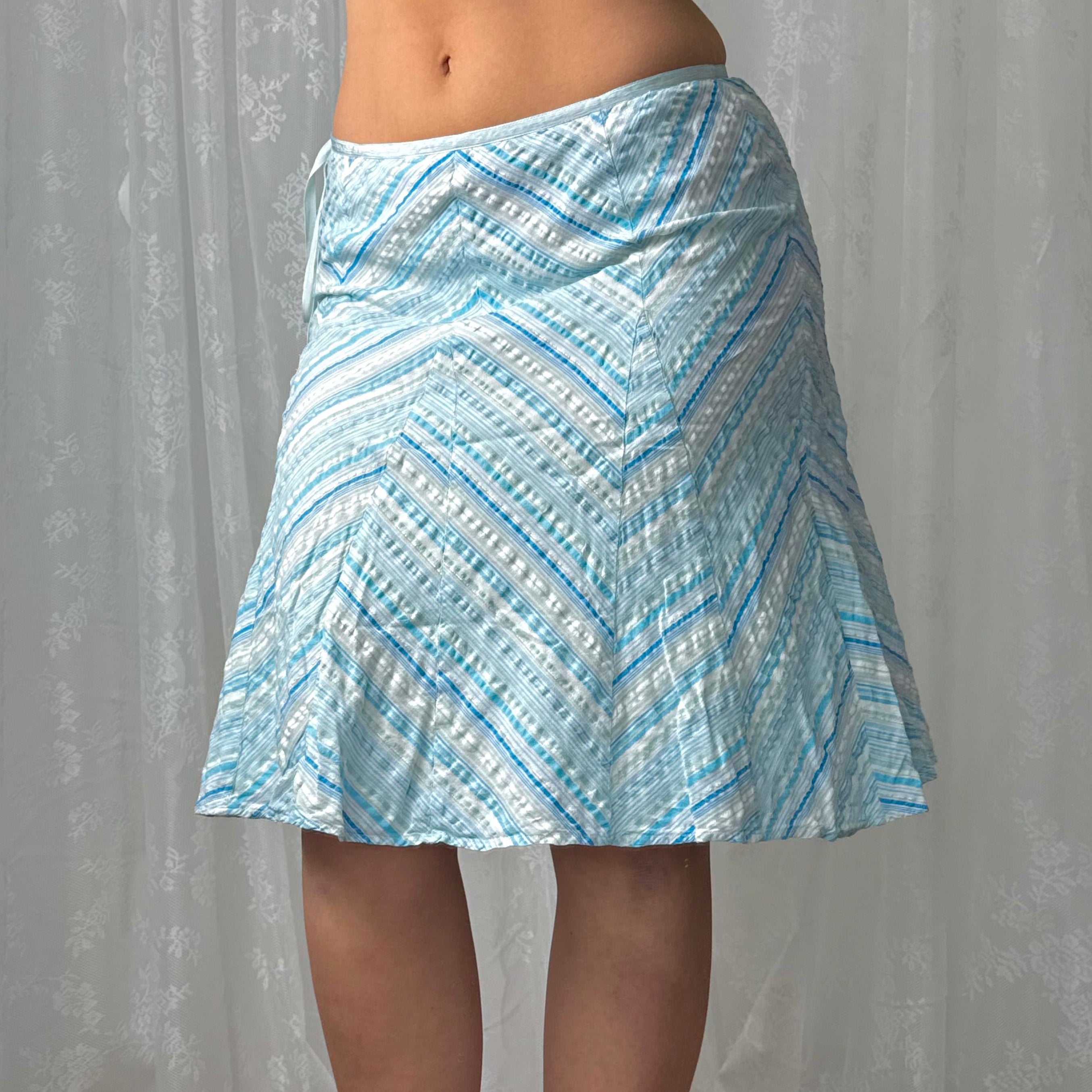 Blue and white striped detailed midi skirt