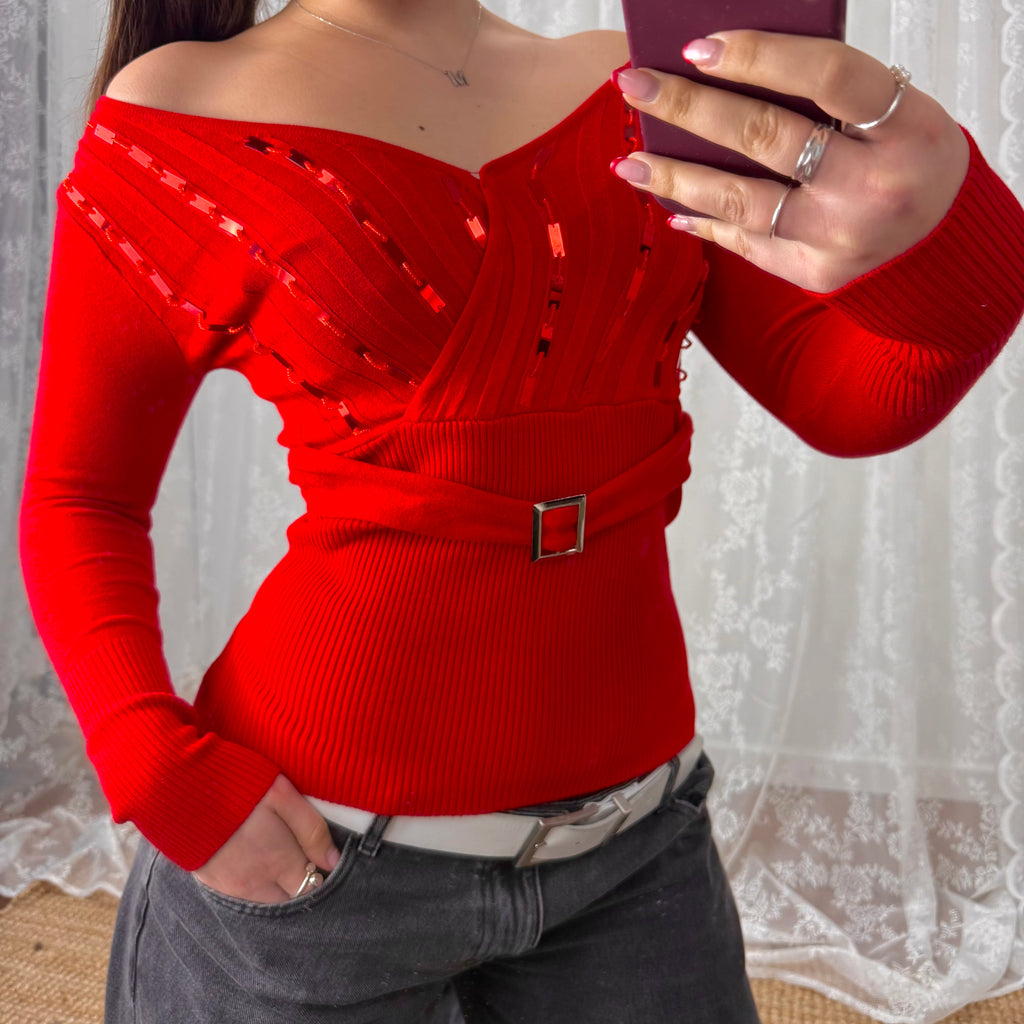 Red sequin off the shoulder buckle jumper
