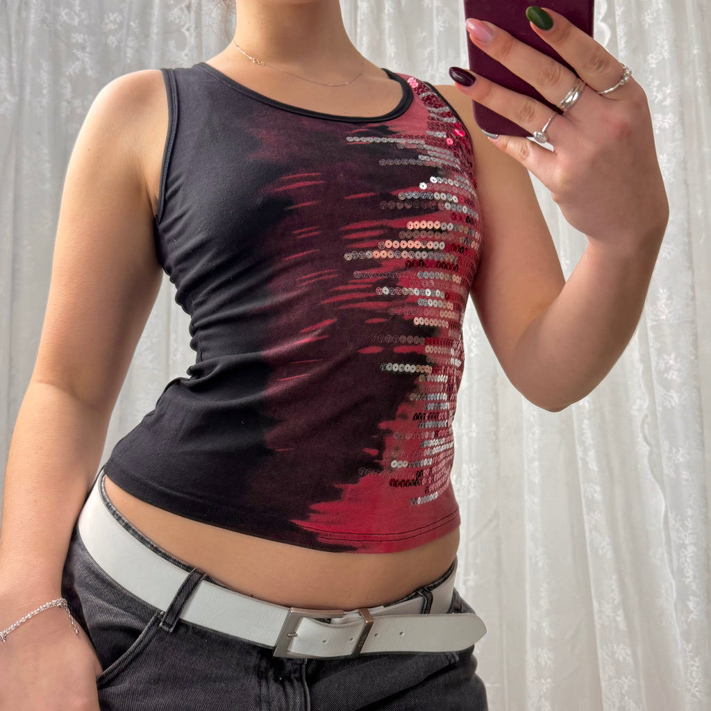 Black and red sequin tank top