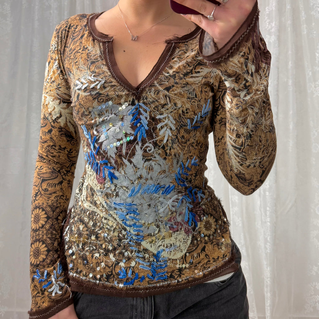 Brown patterned v neck sequin long sleeved top