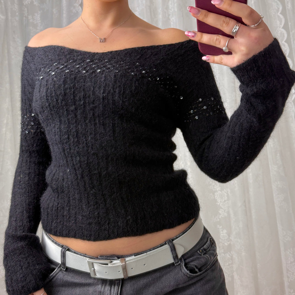 Black off the shoulder sequin sweater