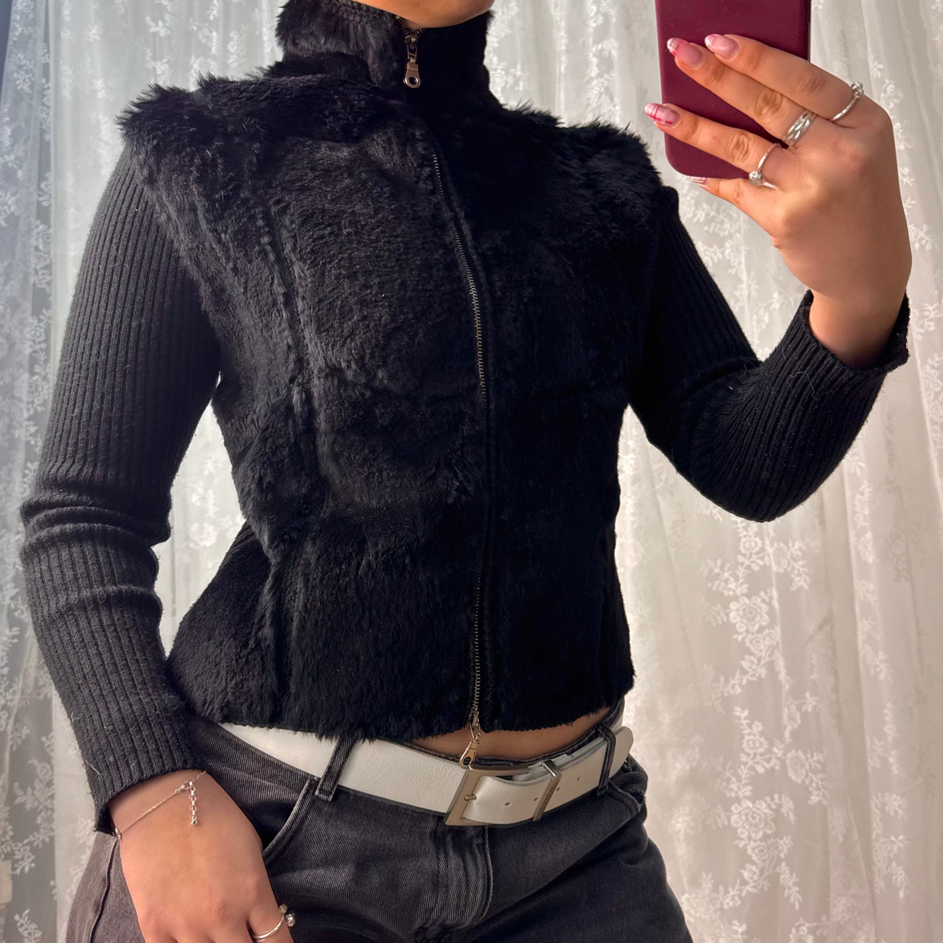 Black fur double zip sweater
