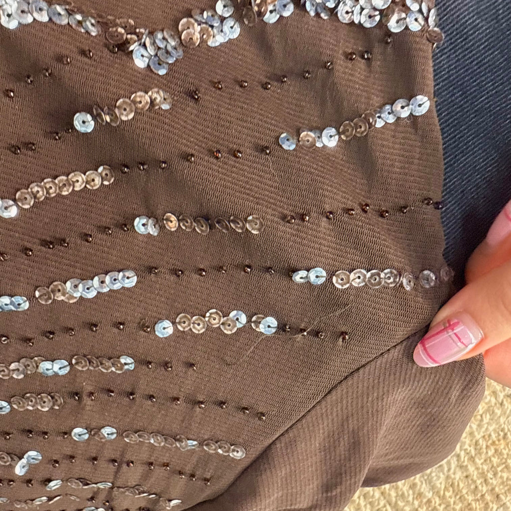 Brown mesh sequin long sleeved top
