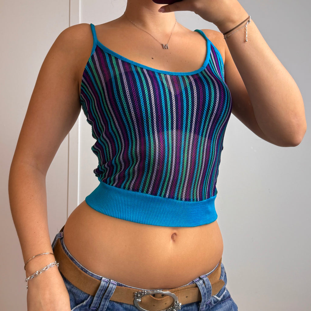 Blue striped mesh cami top