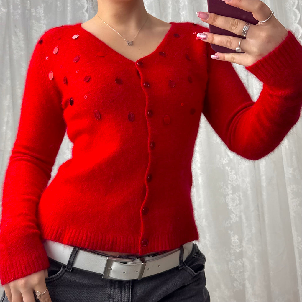 Red sequin button up cardigan