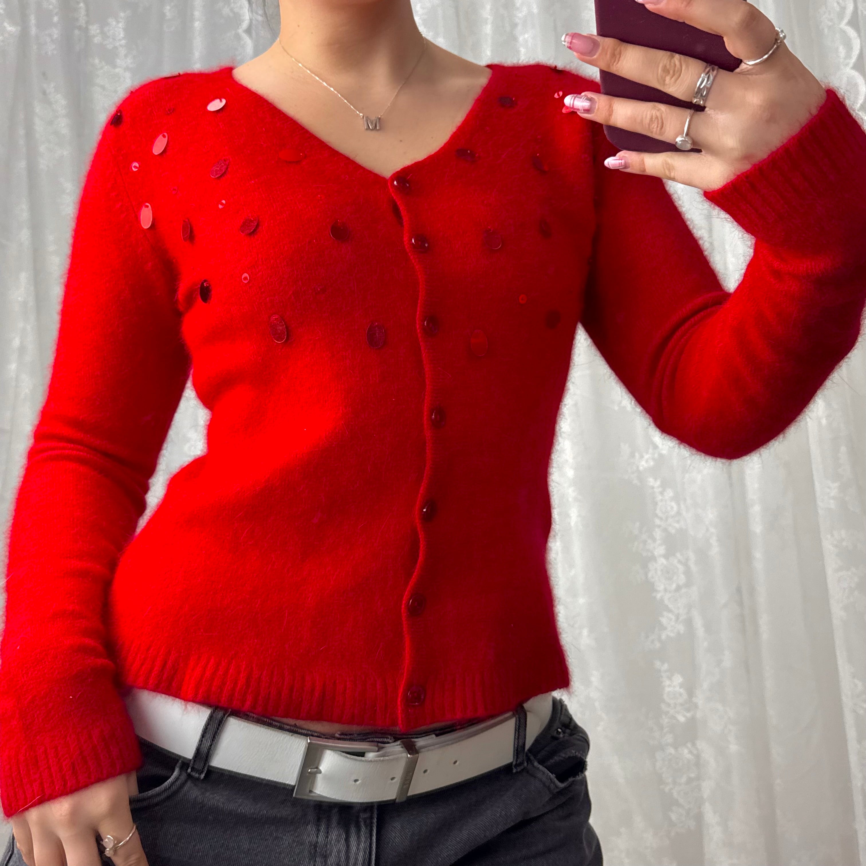Red sequin button up cardigan