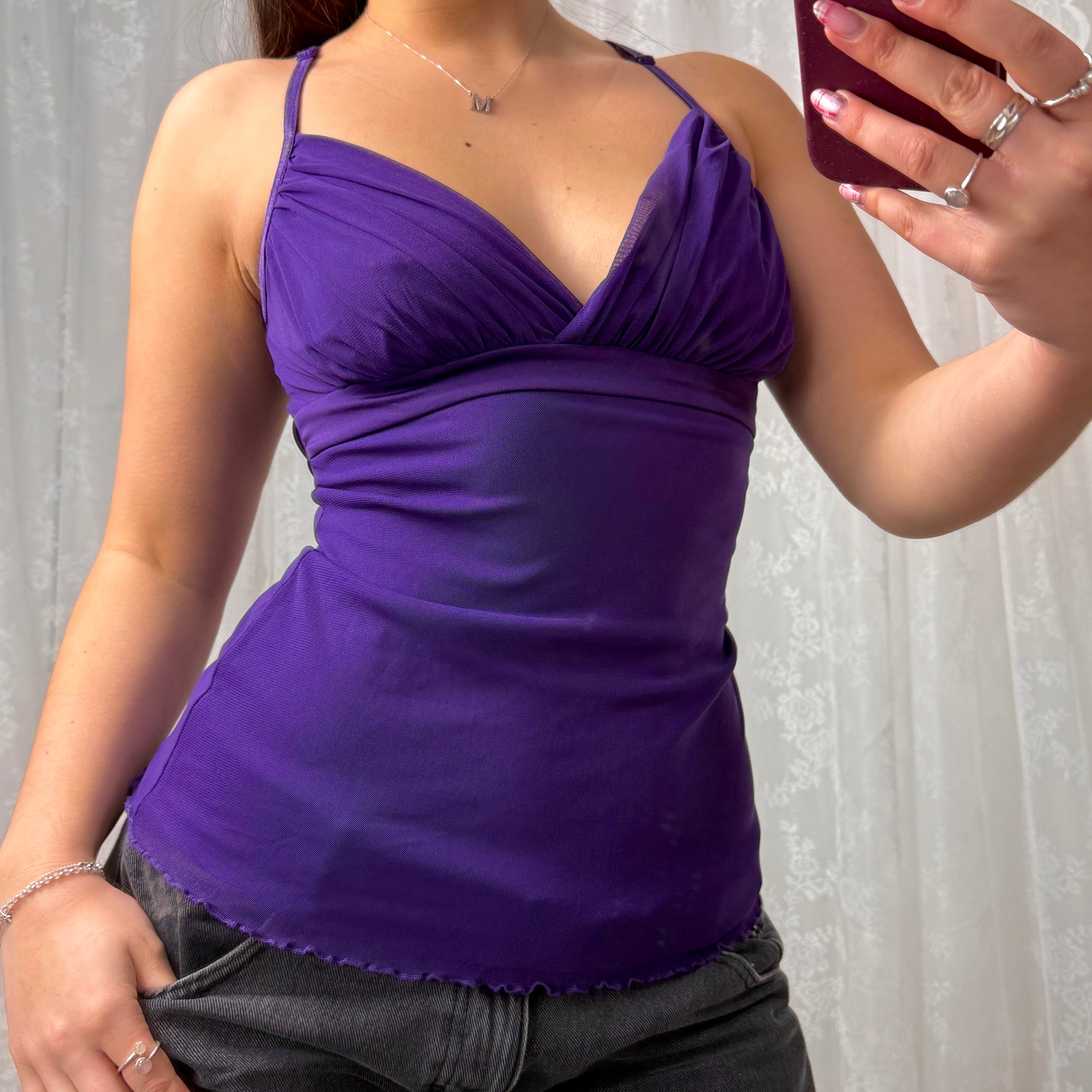 Purple mesh cami top with tie back