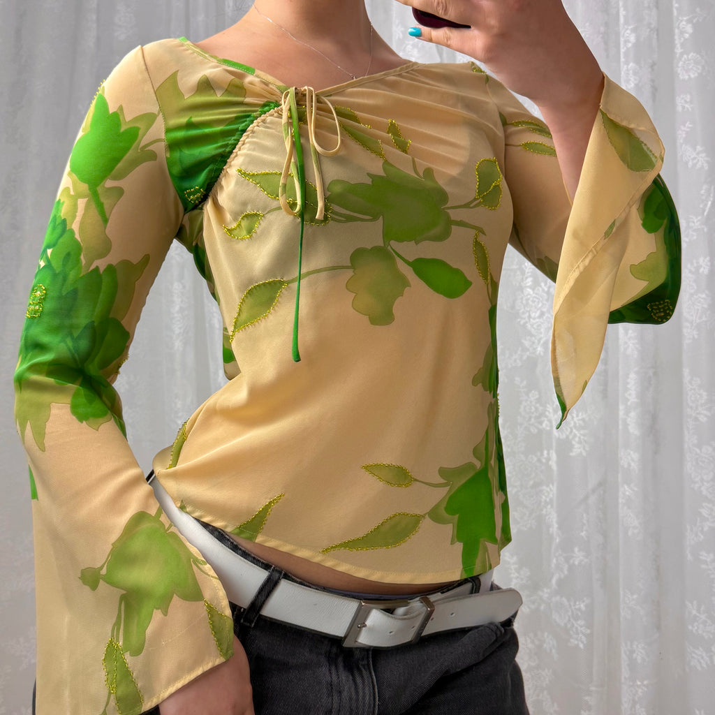 Beige and green beaded mesh long sleeve with tie detail
