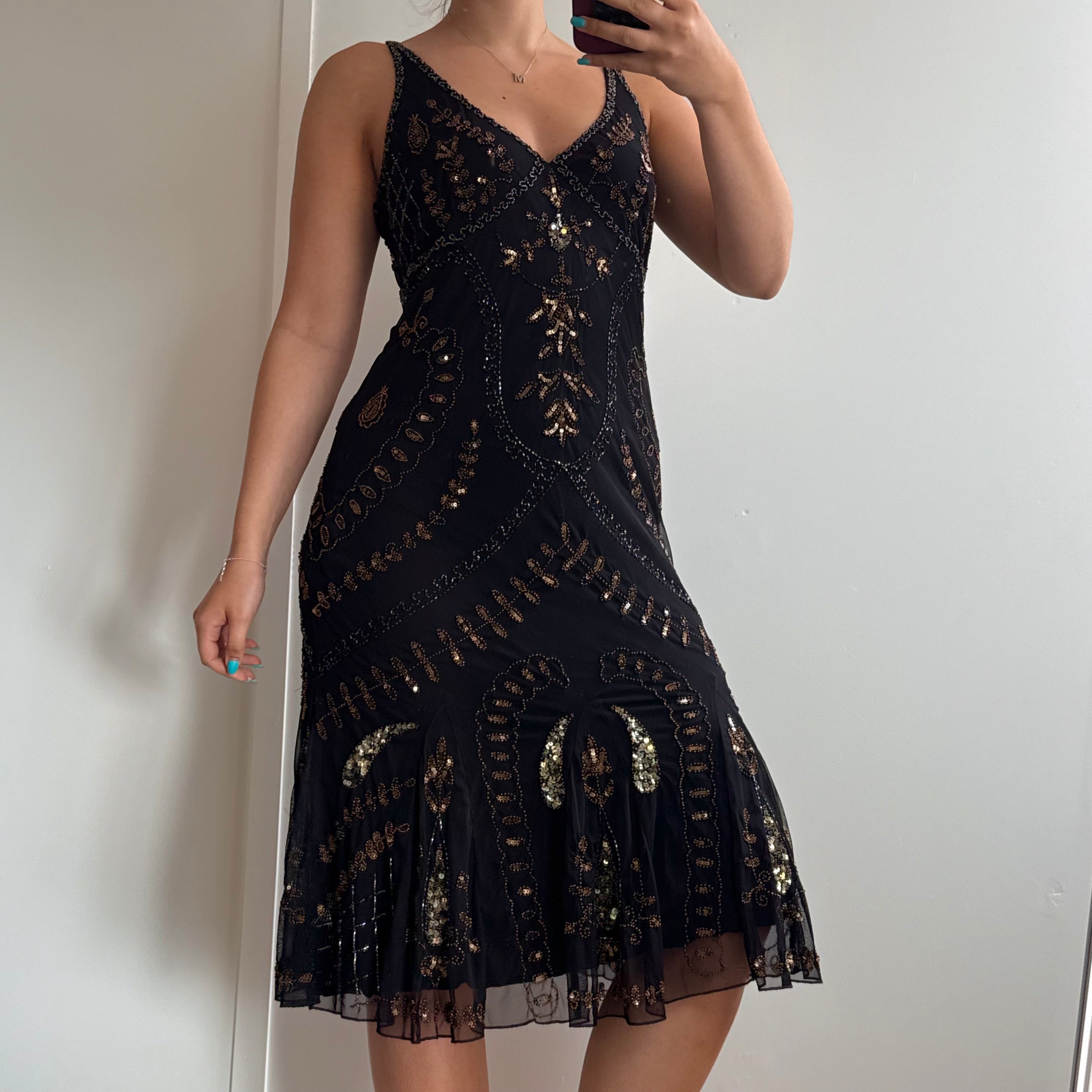 Black and brown fully beaded dress