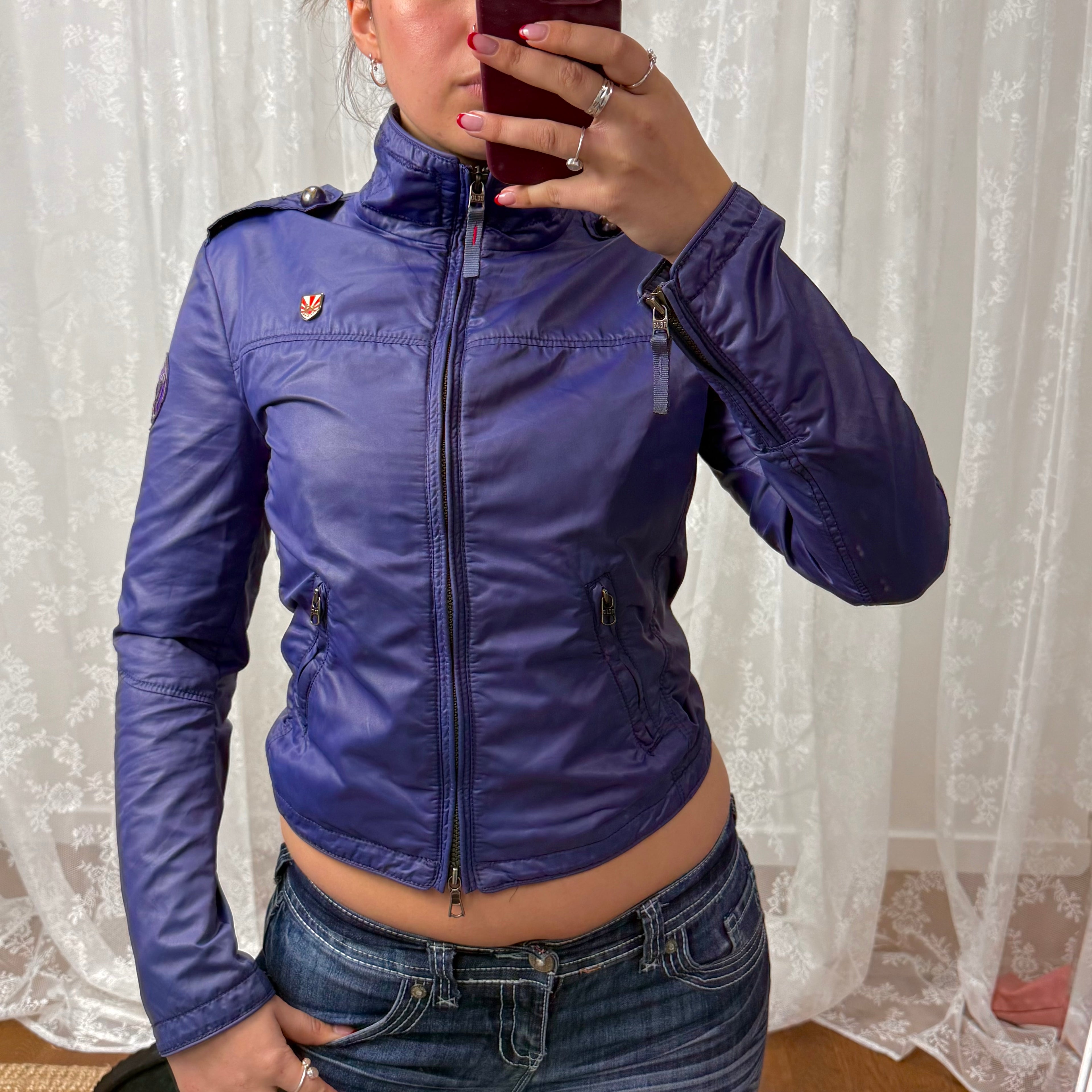 Purple shiny double zip lightweight jacket