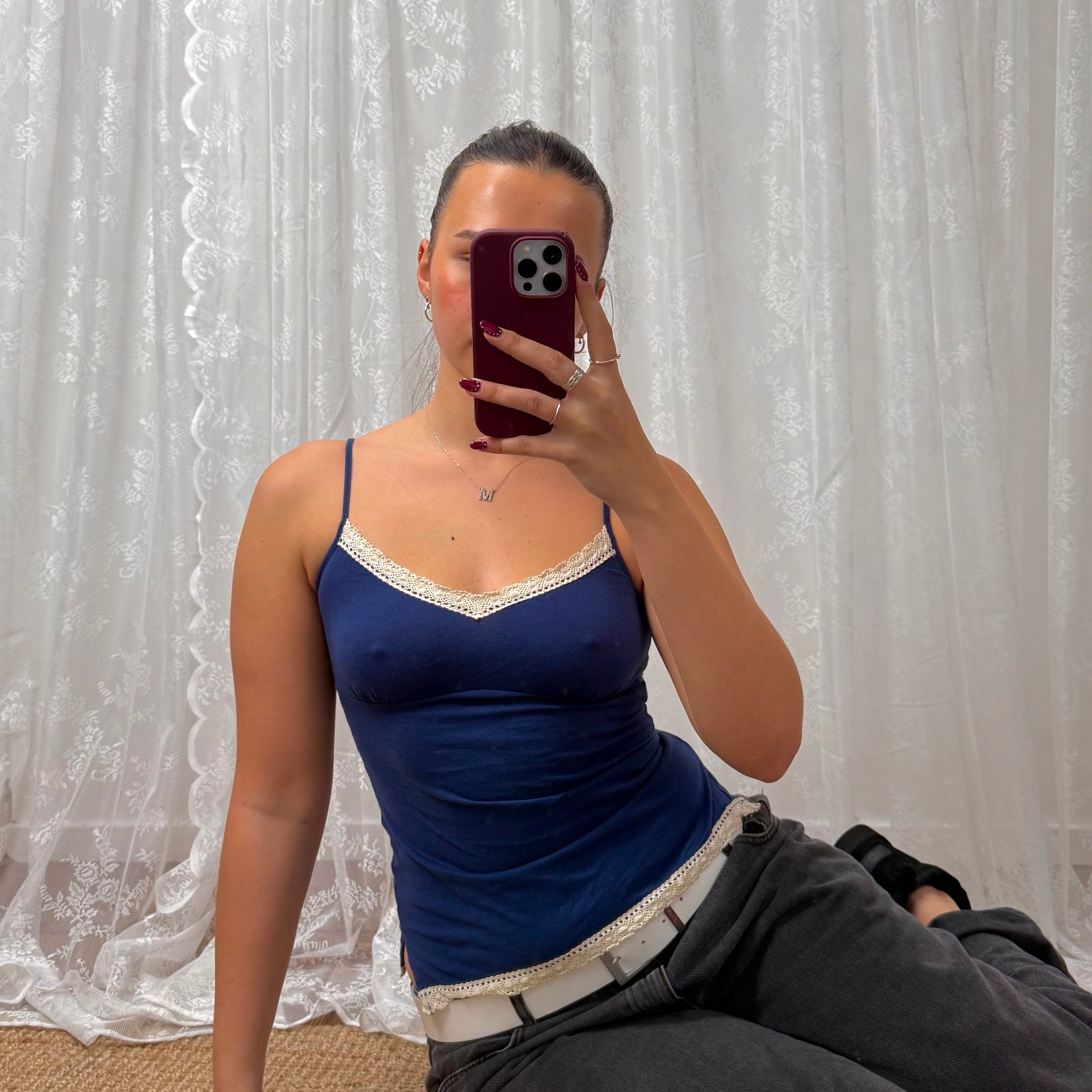 Blue and white textured cami top