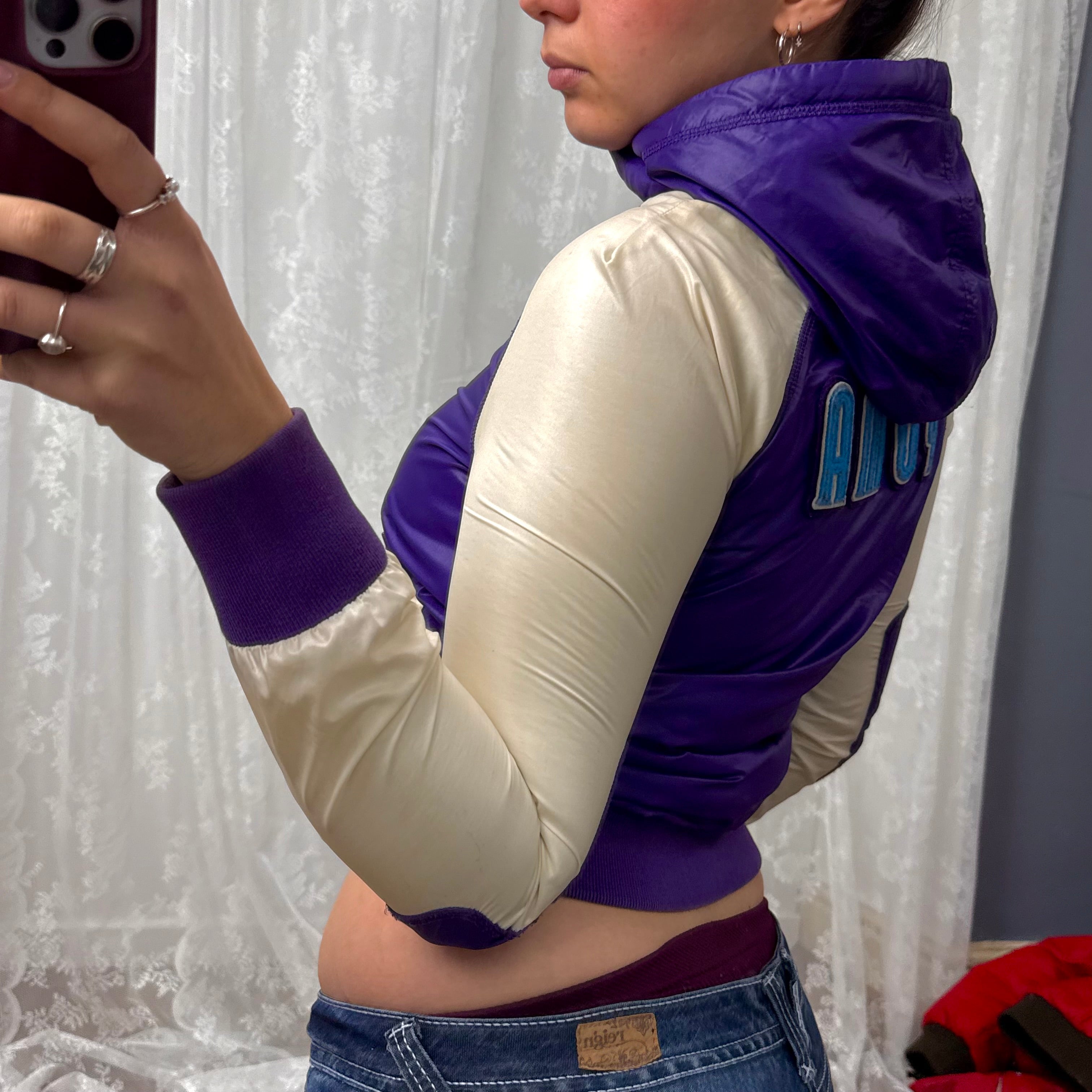 Purple and cream shiny bomber jacket