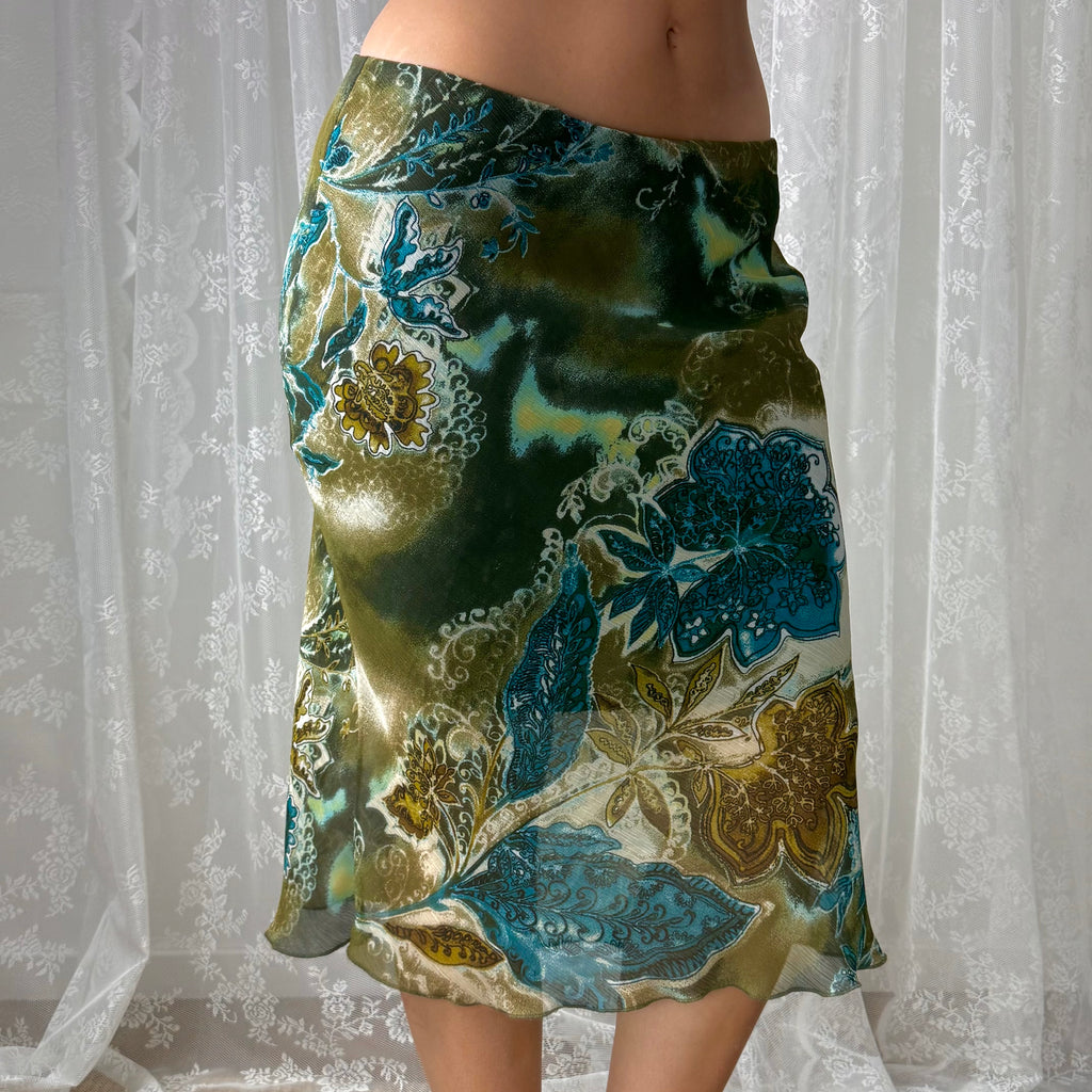 Green patterned mesh midi skirt