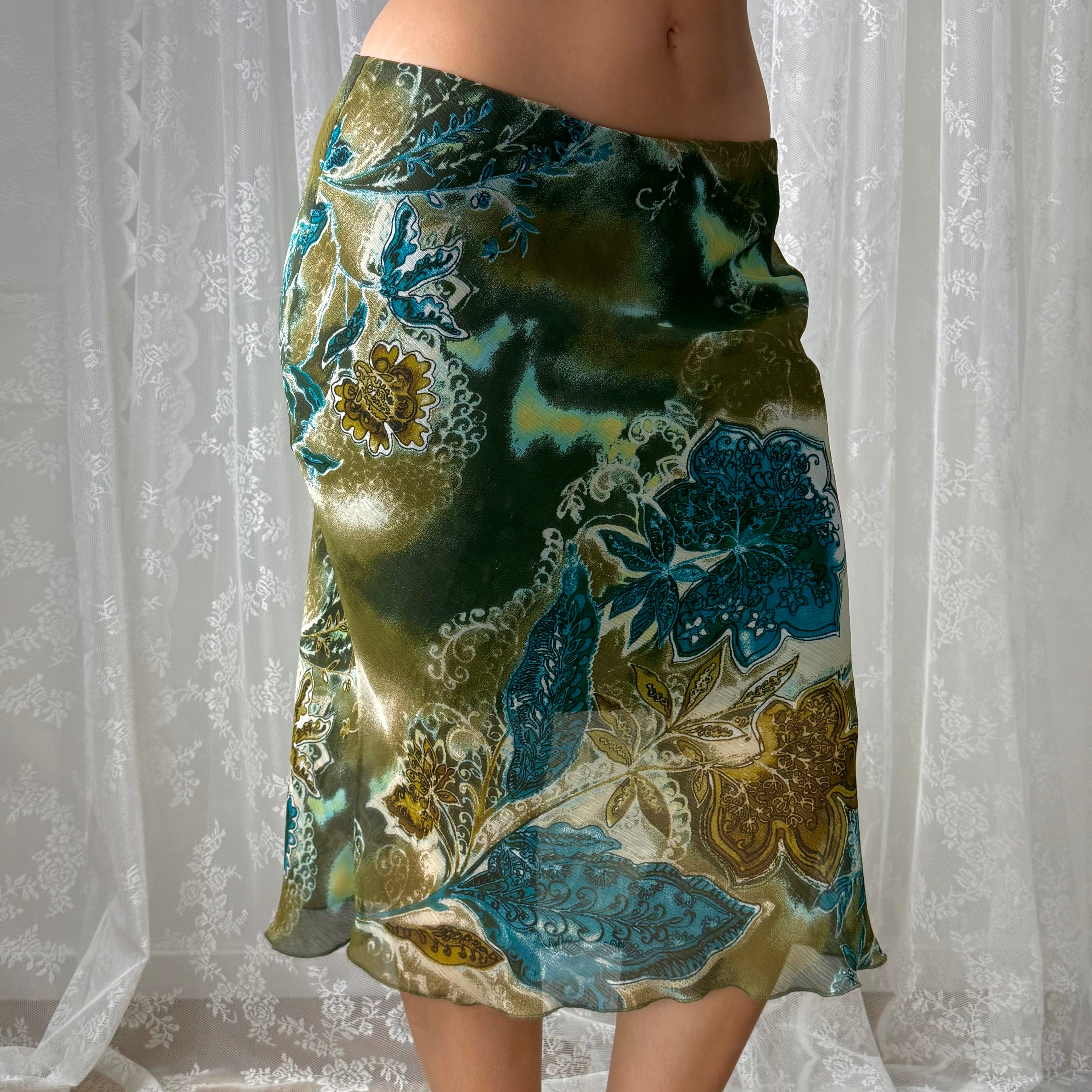 Green patterned mesh midi skirt