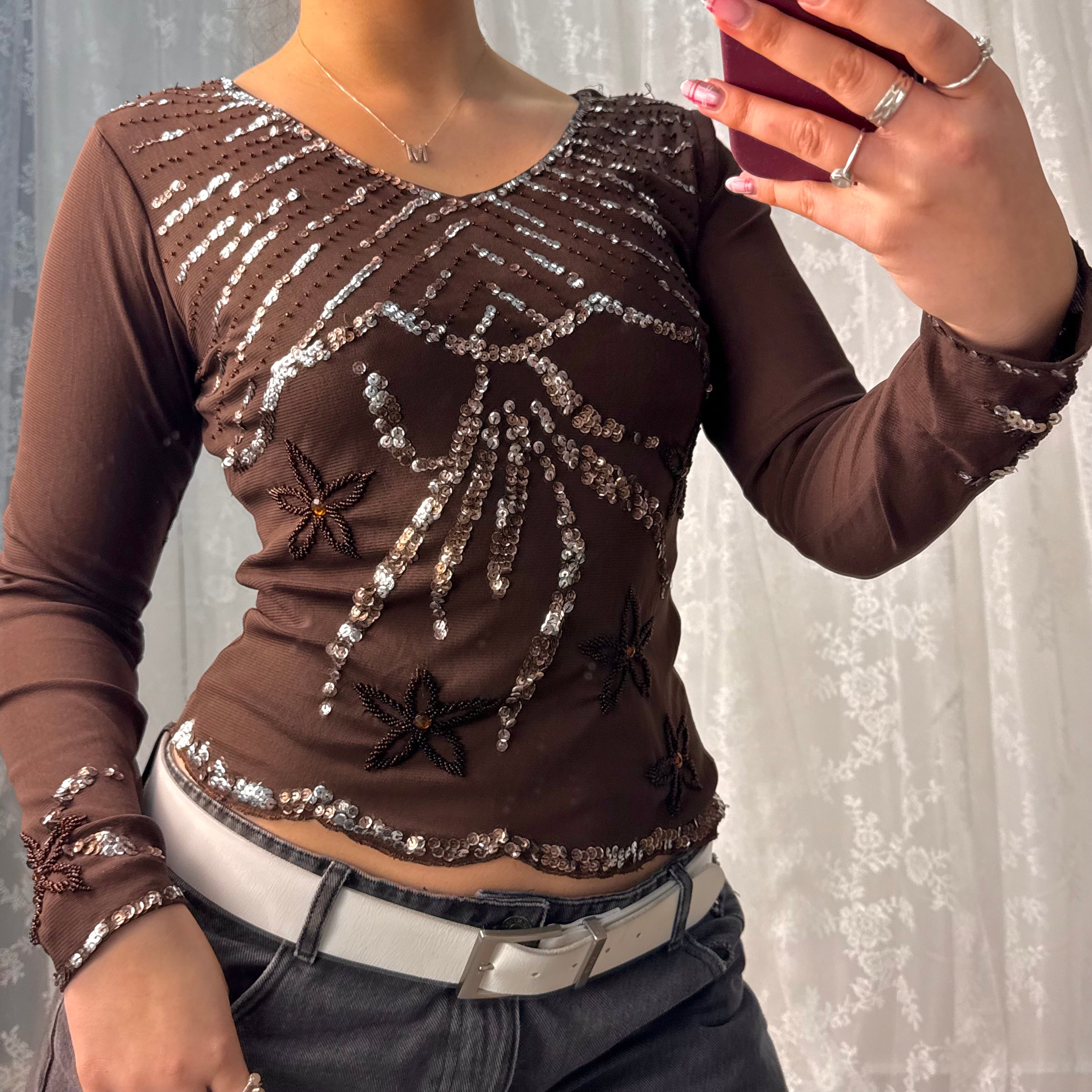 Brown mesh sequin long sleeved top