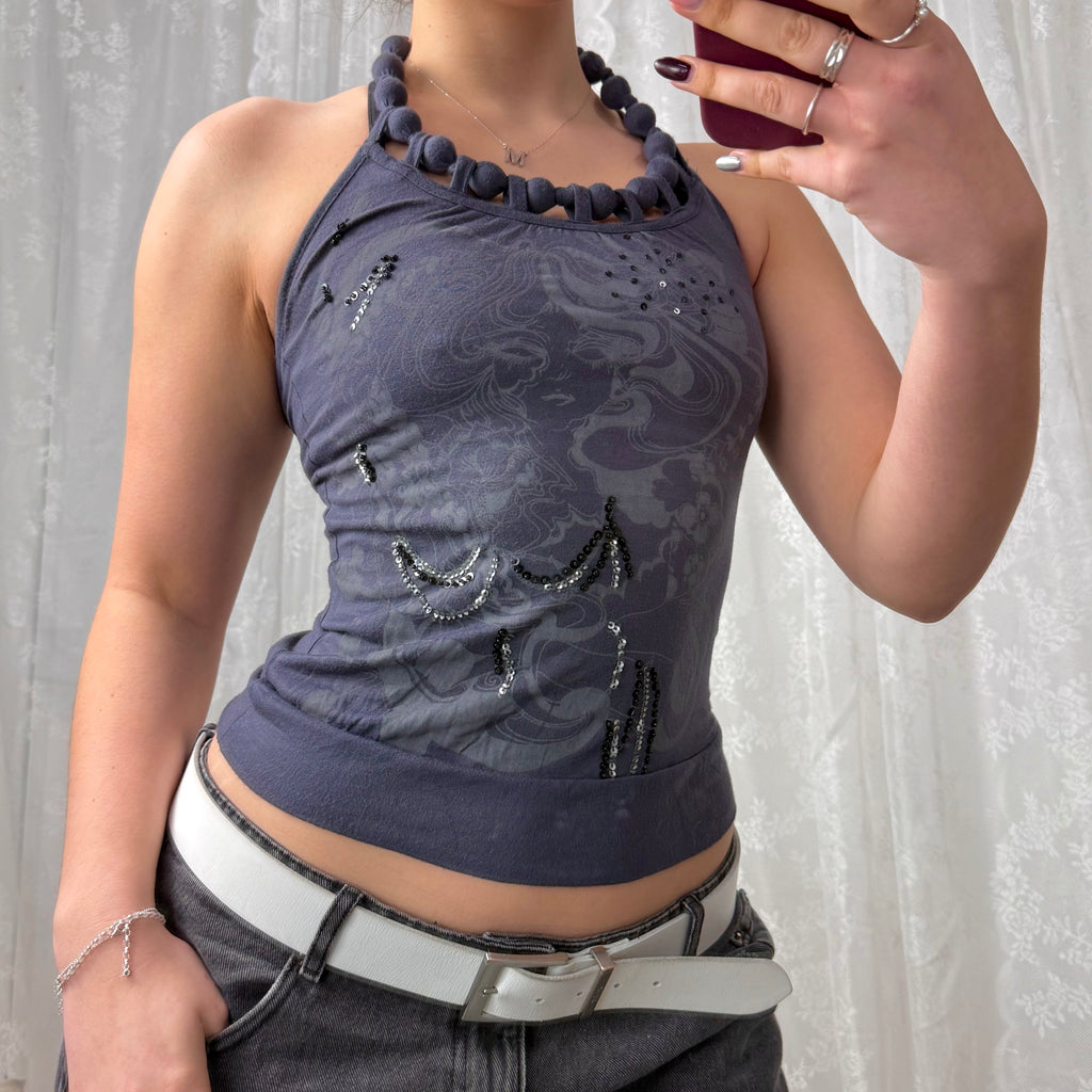 Grey sequin detailed halterneck top