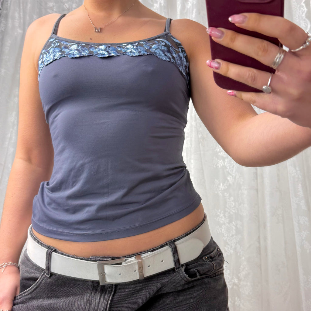 Blue slinky floral cami top