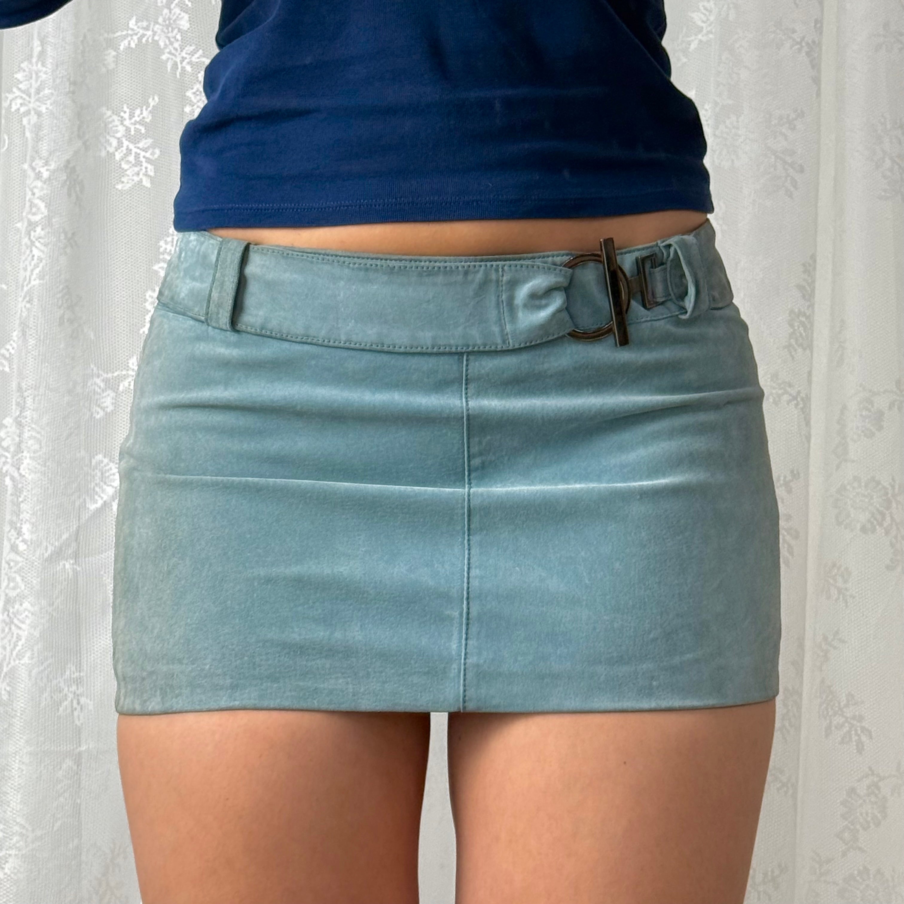 Blue leather silver buckle mini skirt