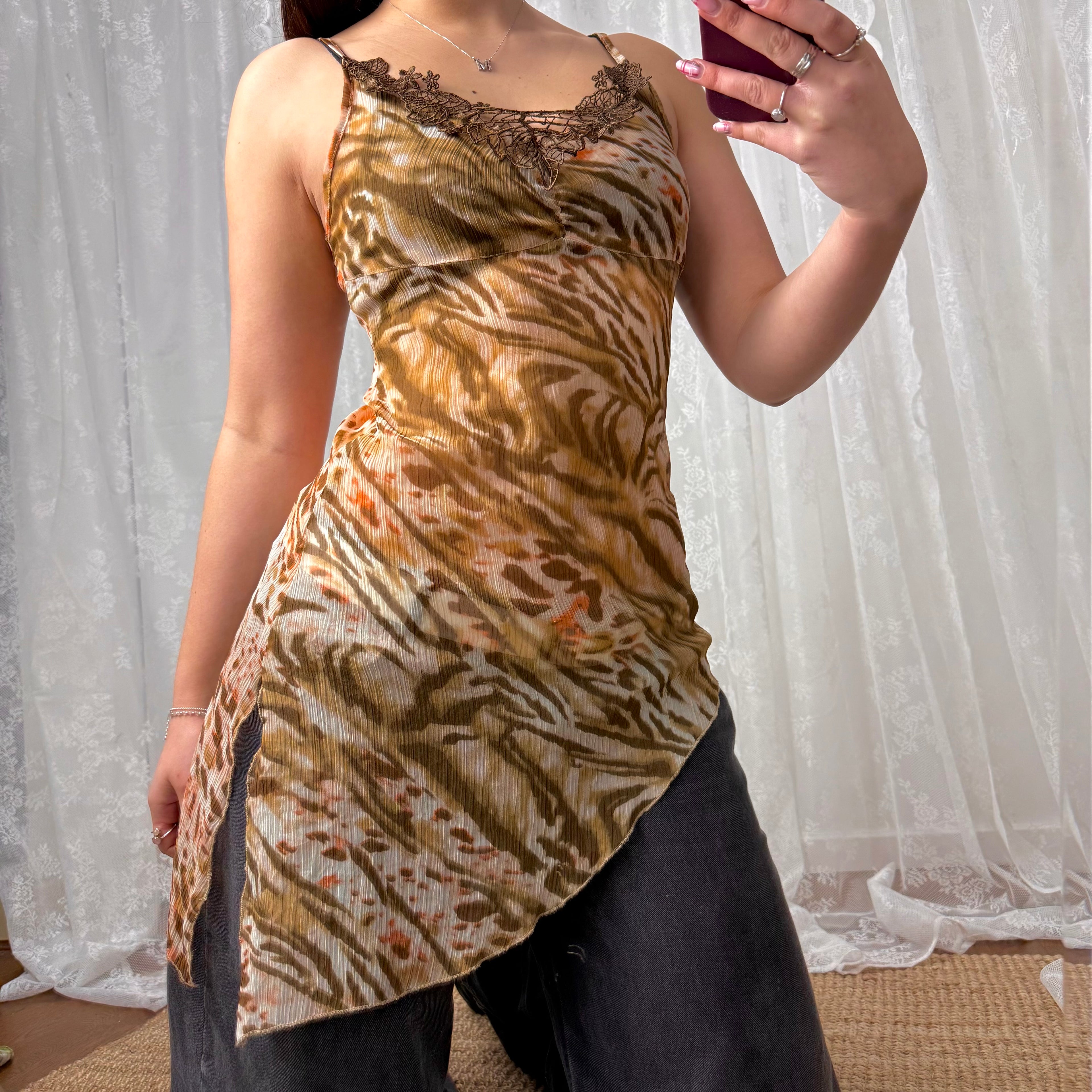 Longlined mesh brown patterned cami top with lace detailing