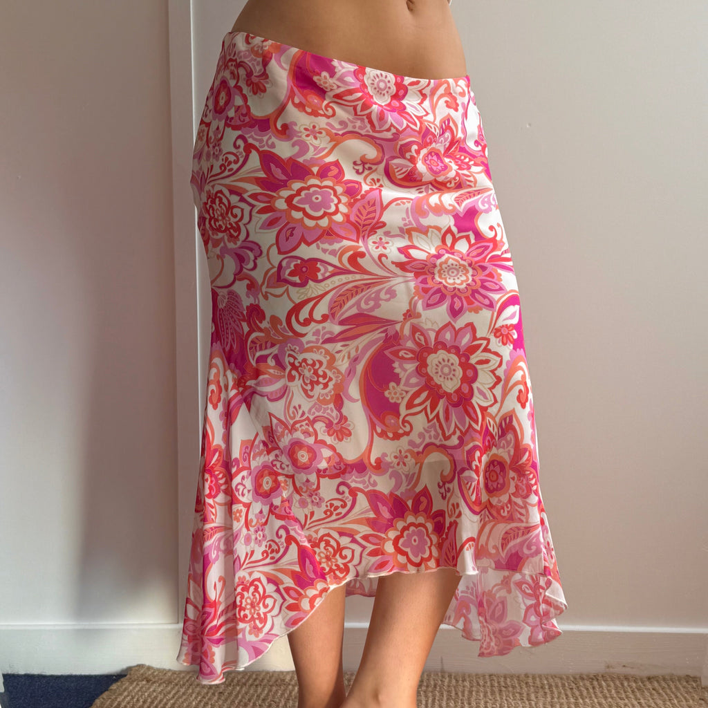 Pink patterned mesh midi skirt