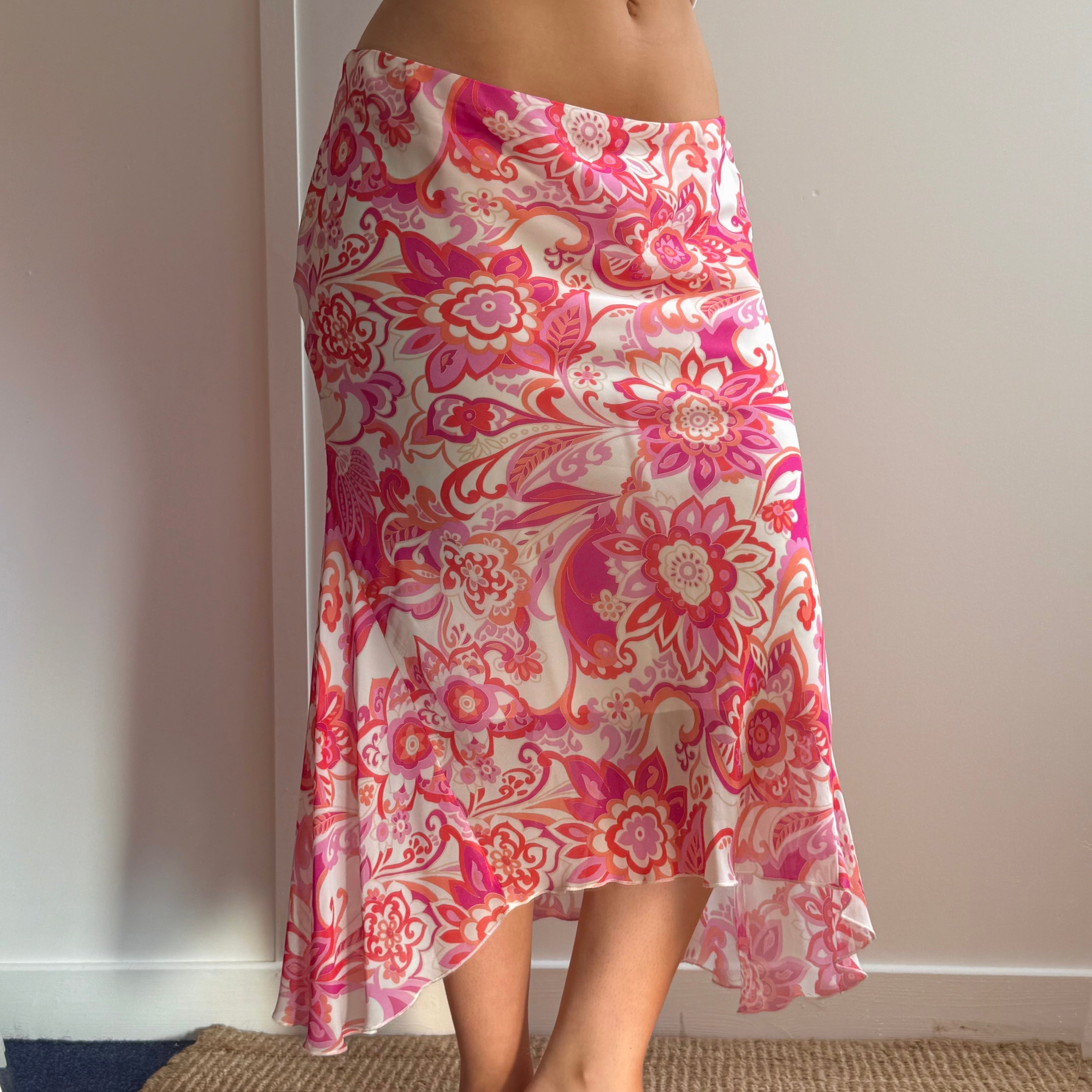 Pink patterned mesh midi skirt
