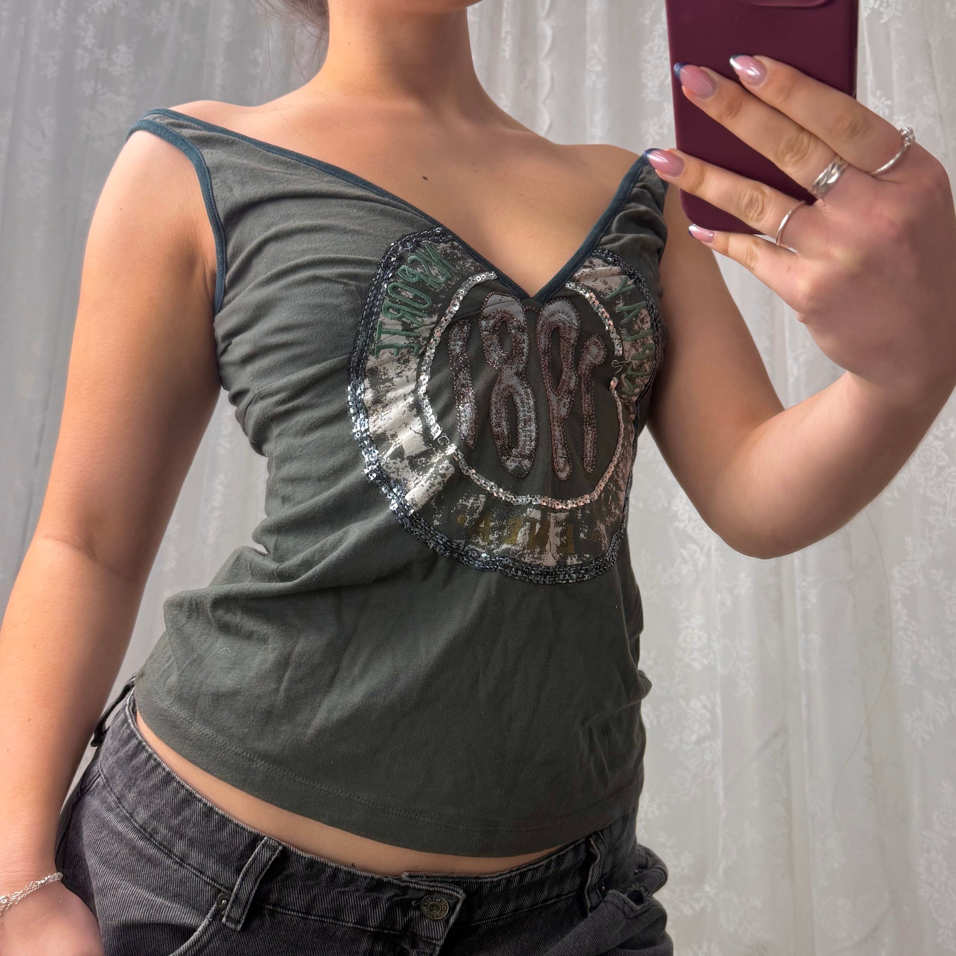 Green sequin off the shoulder top