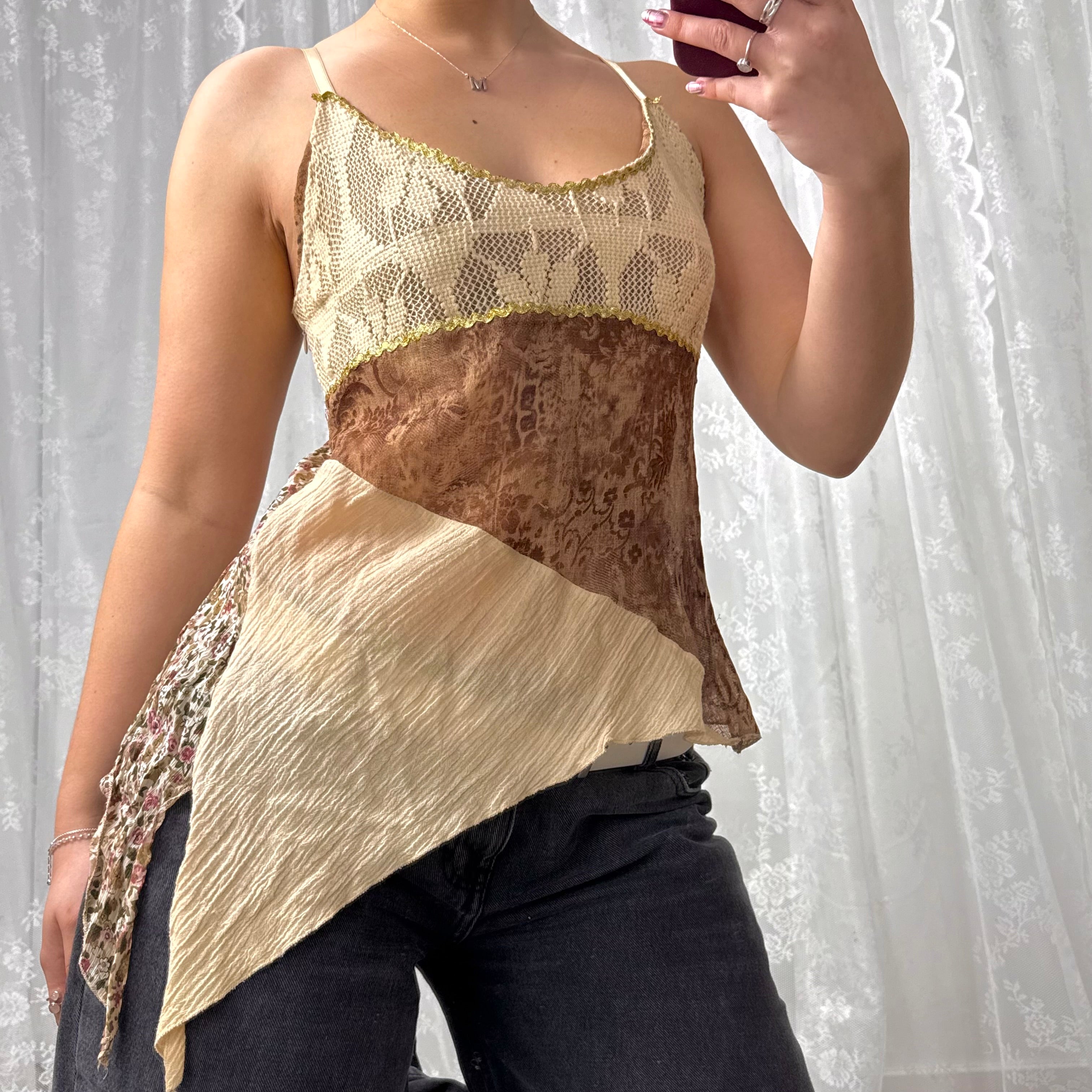 Beige patchwork asymmetrical cami top