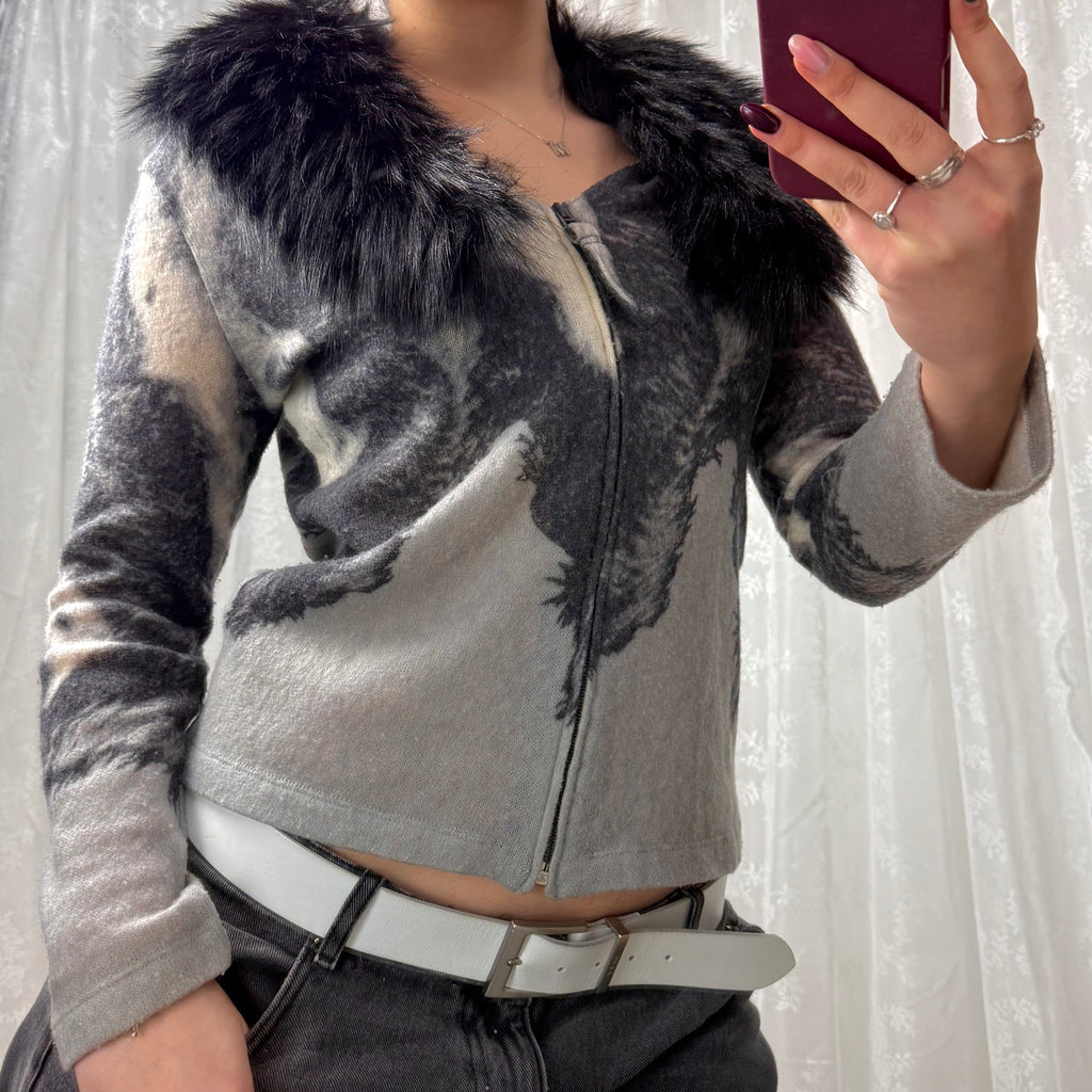 Grey and black collared zip up cardigan