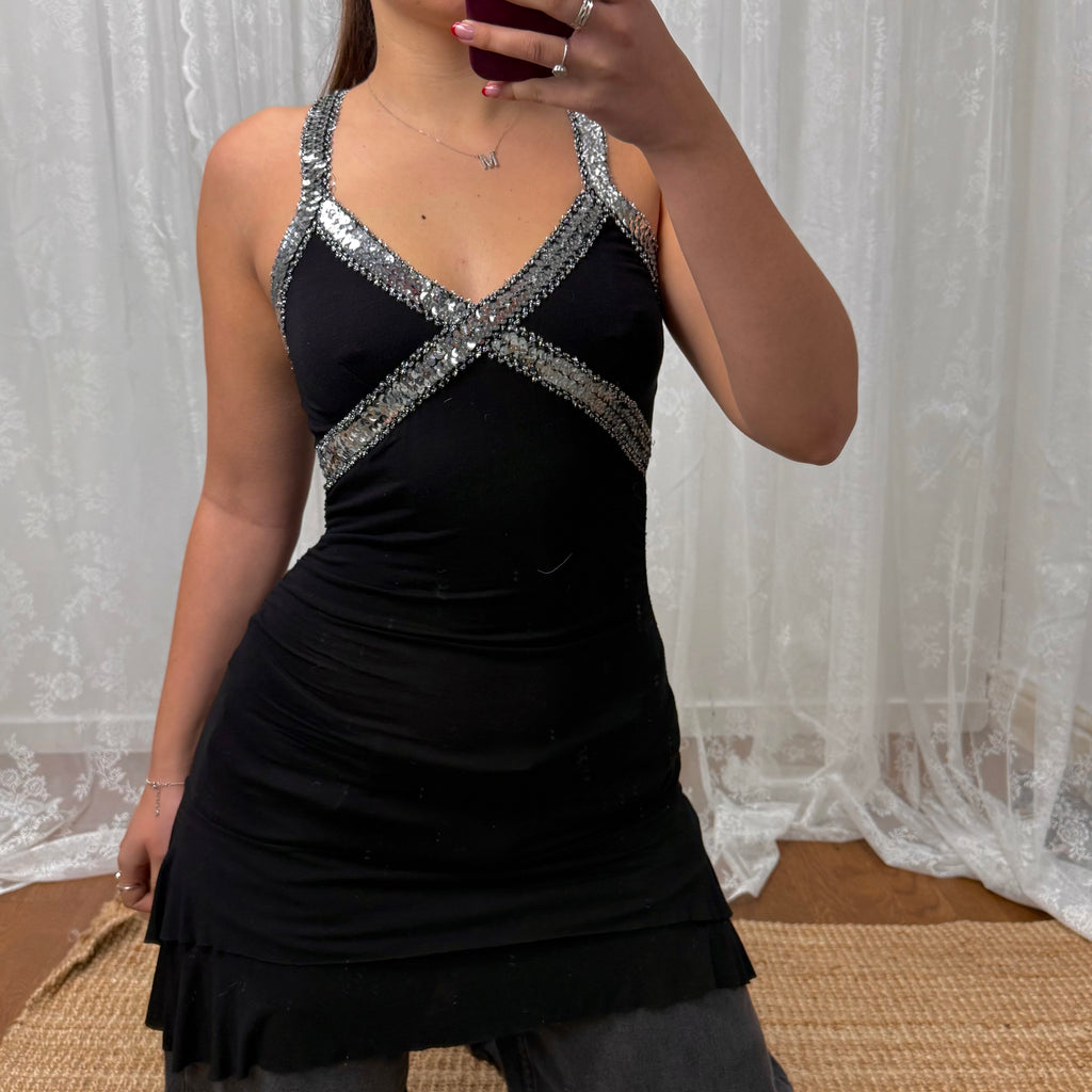 Black and silver sequin tiered mini dress