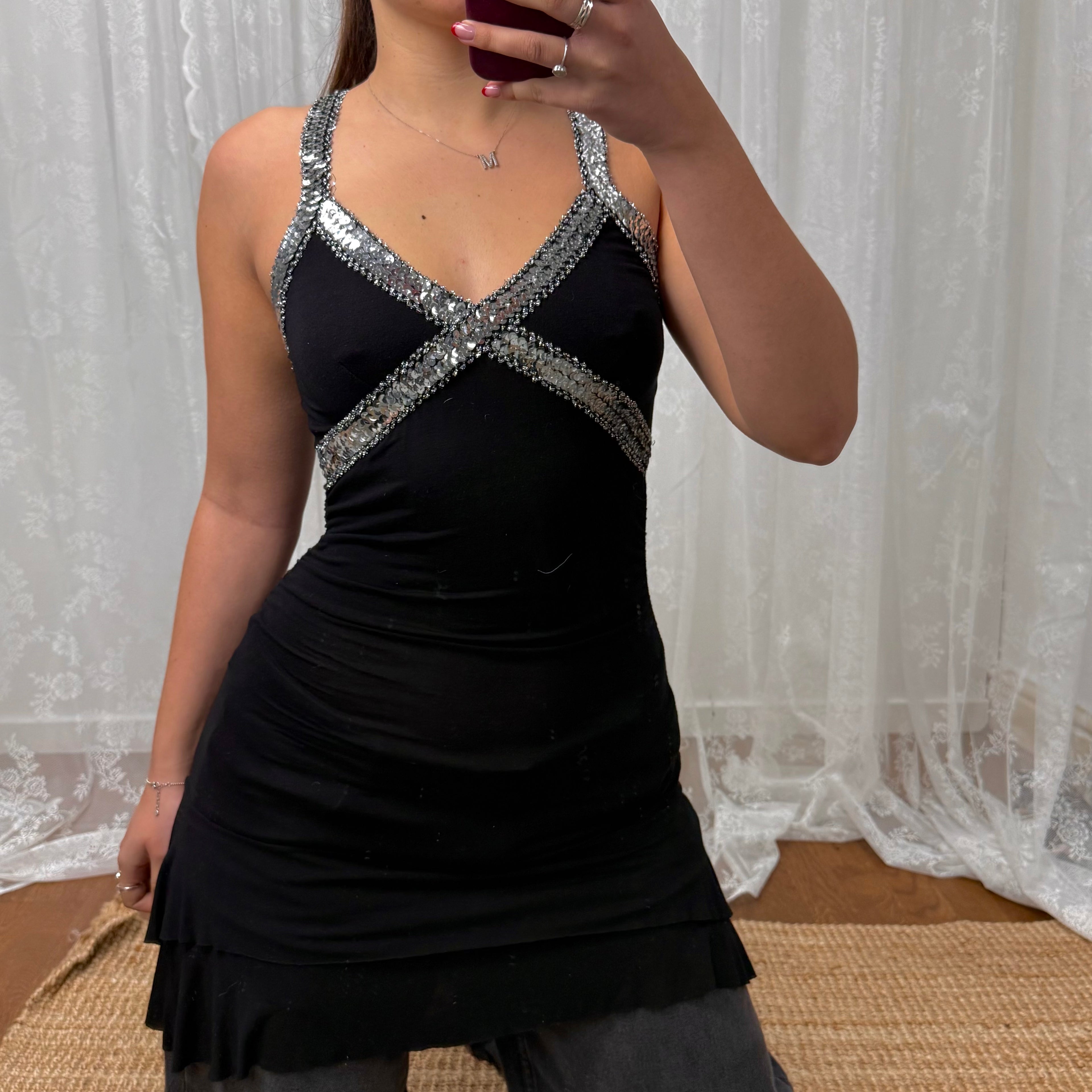 Black and silver sequin tiered mini dress