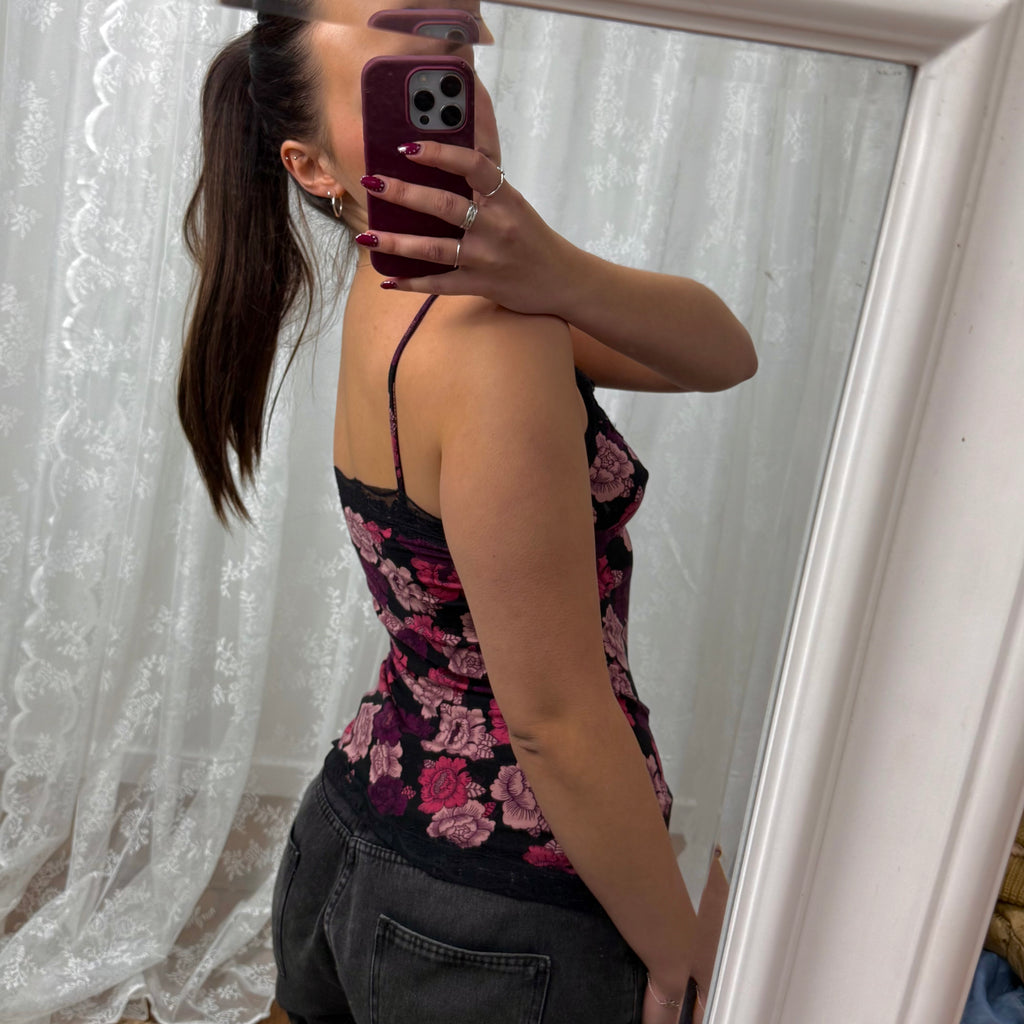 Black and pink floral lace cami top