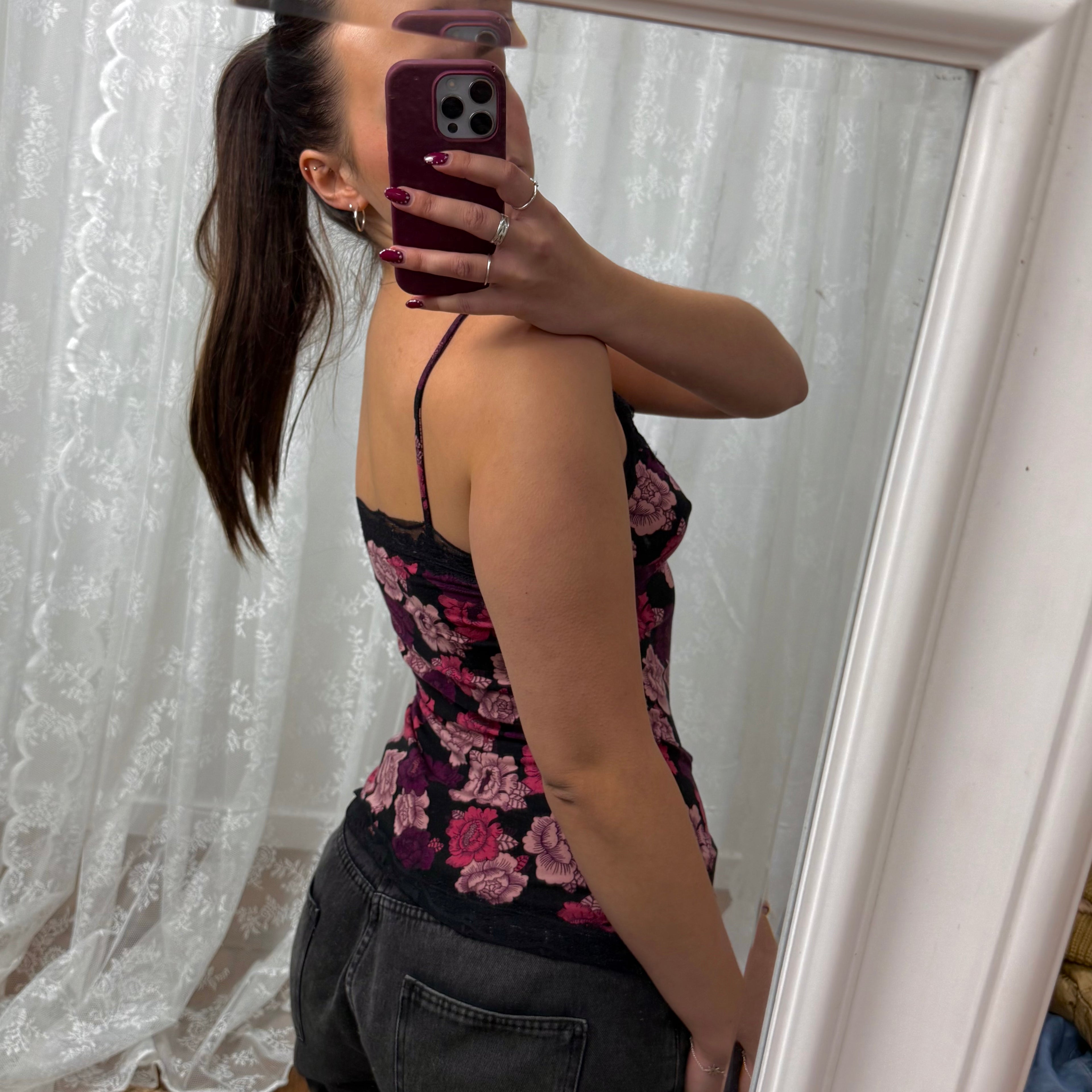 Black and pink floral lace cami top