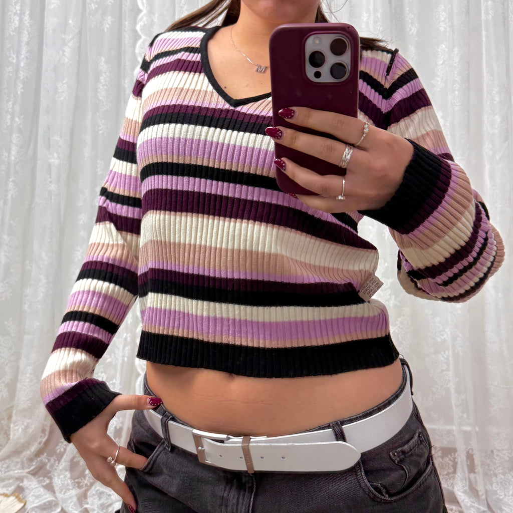 Pink and purple striped v neck sweater