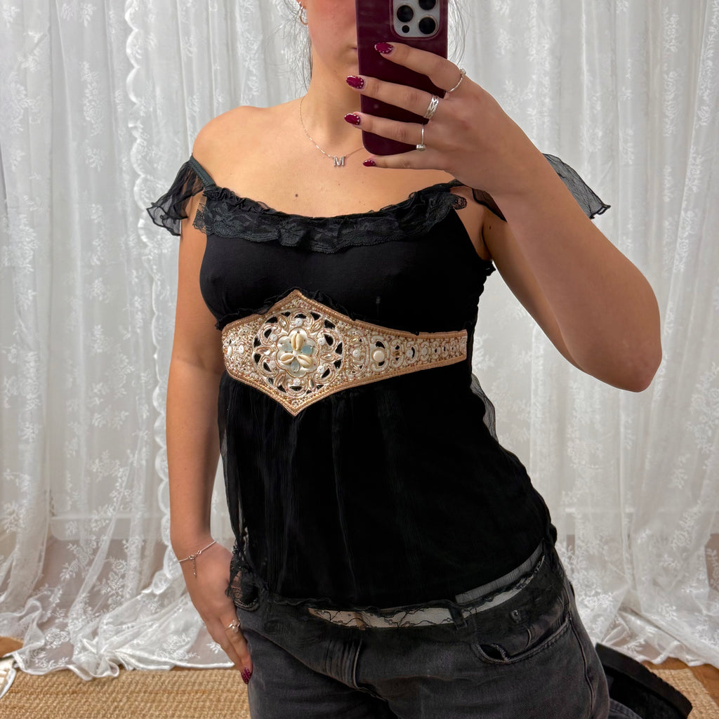 Vintage black ruffle sequin top