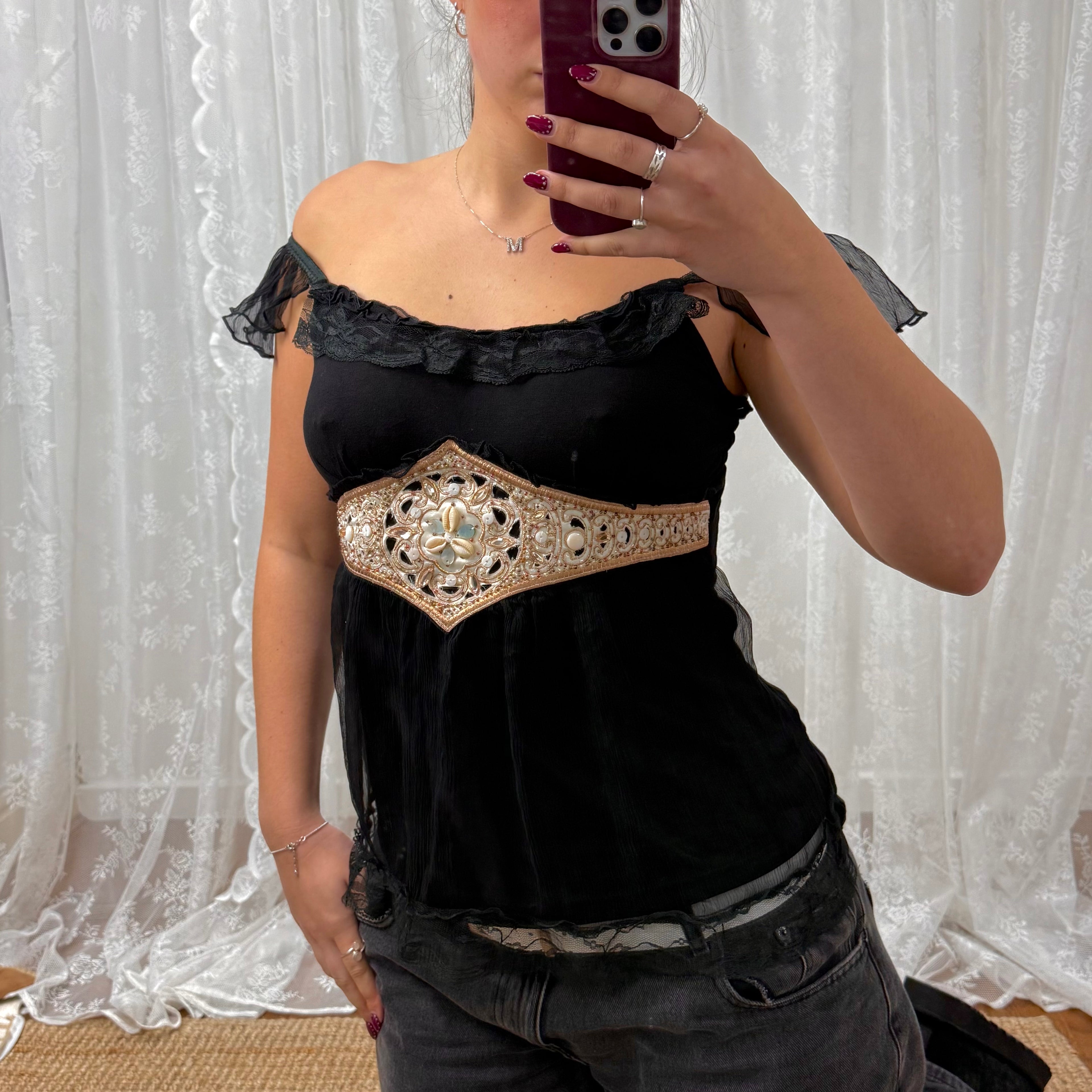 Vintage black ruffle sequin top