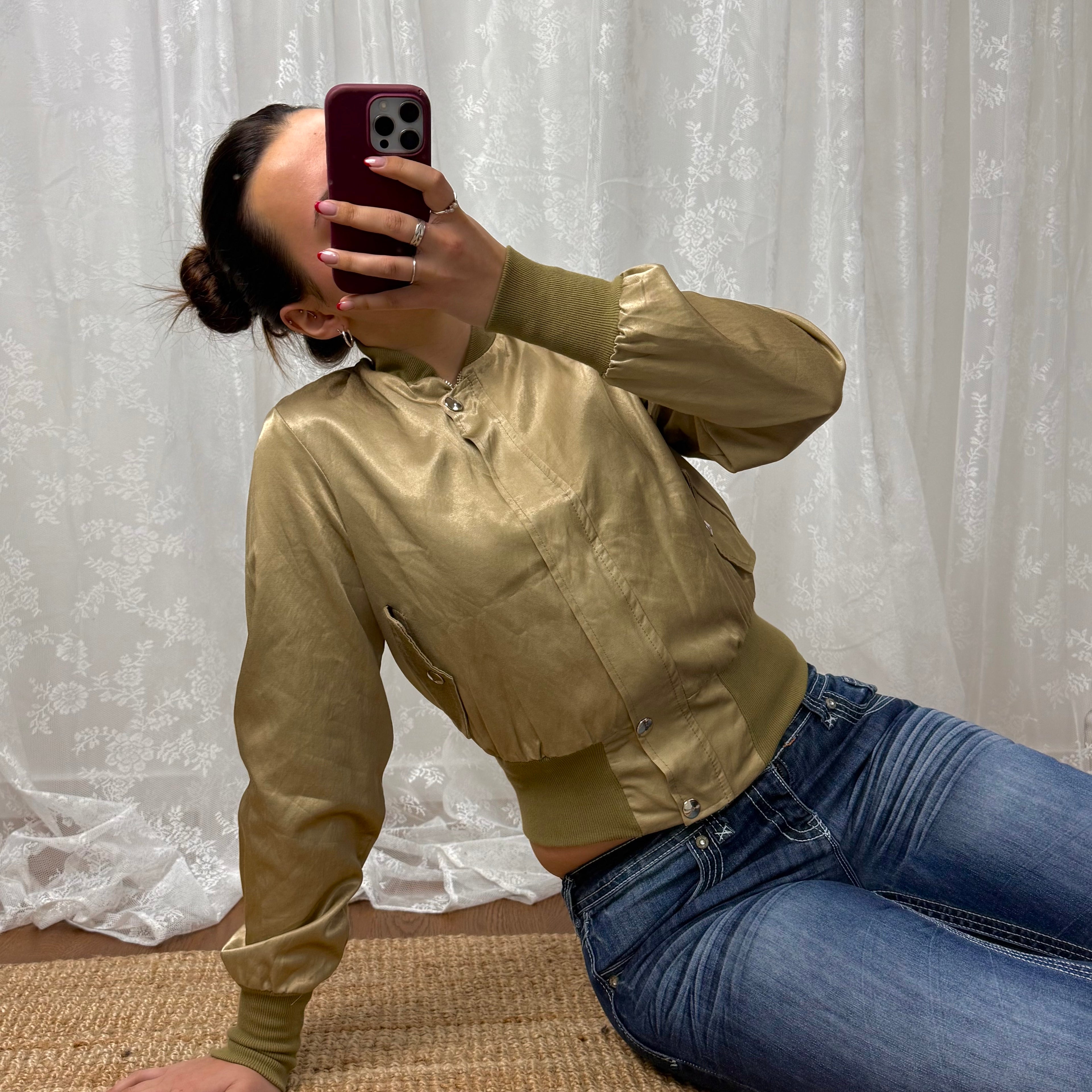 Green shiny satin bomber jacket