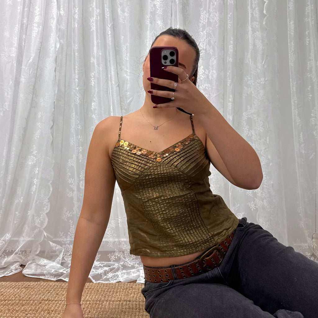 Green and bronze sequin cami top