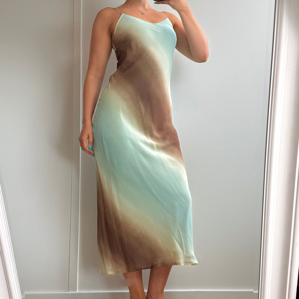 Blue and brown fitted mesh maxi dress