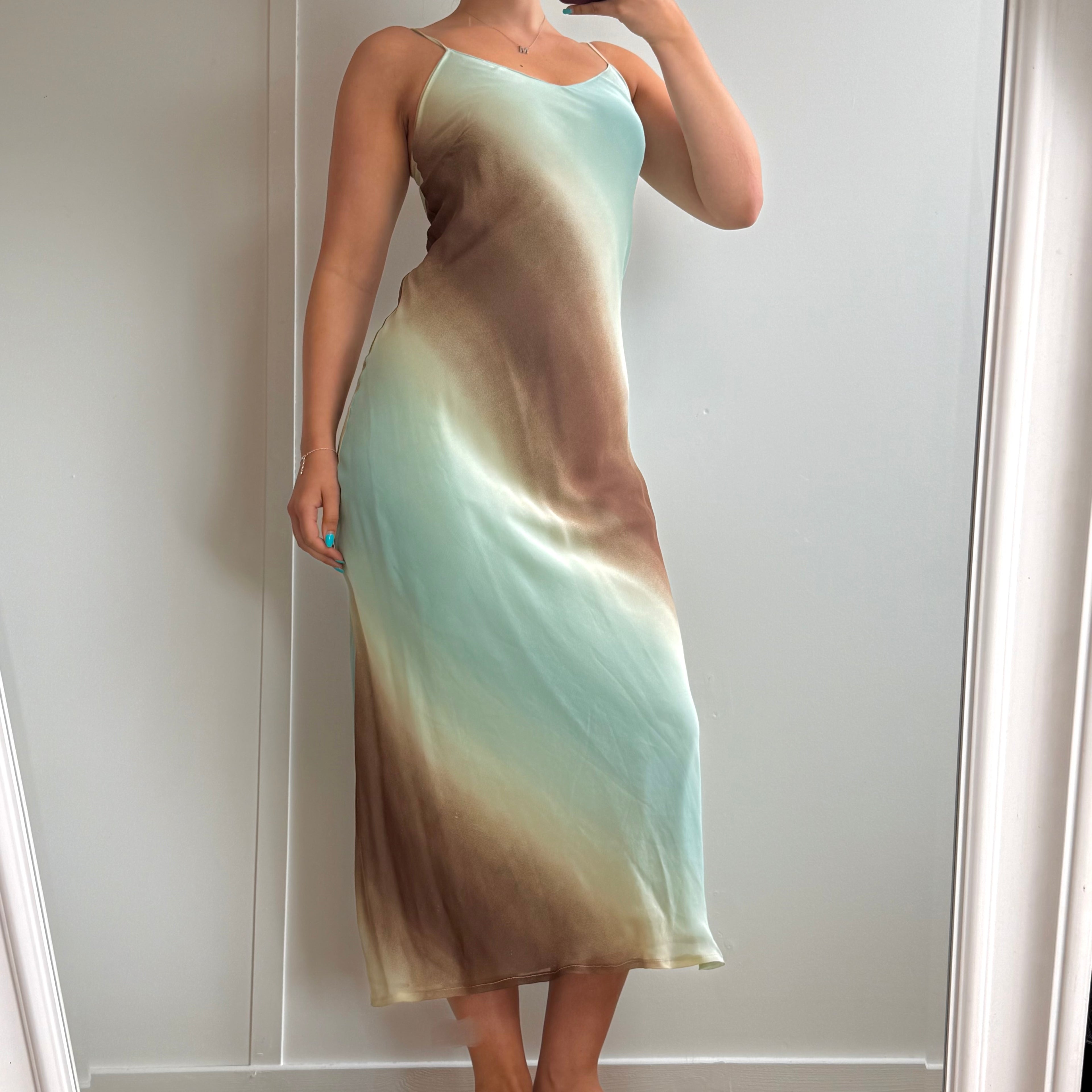 Blue and brown fitted mesh maxi dress