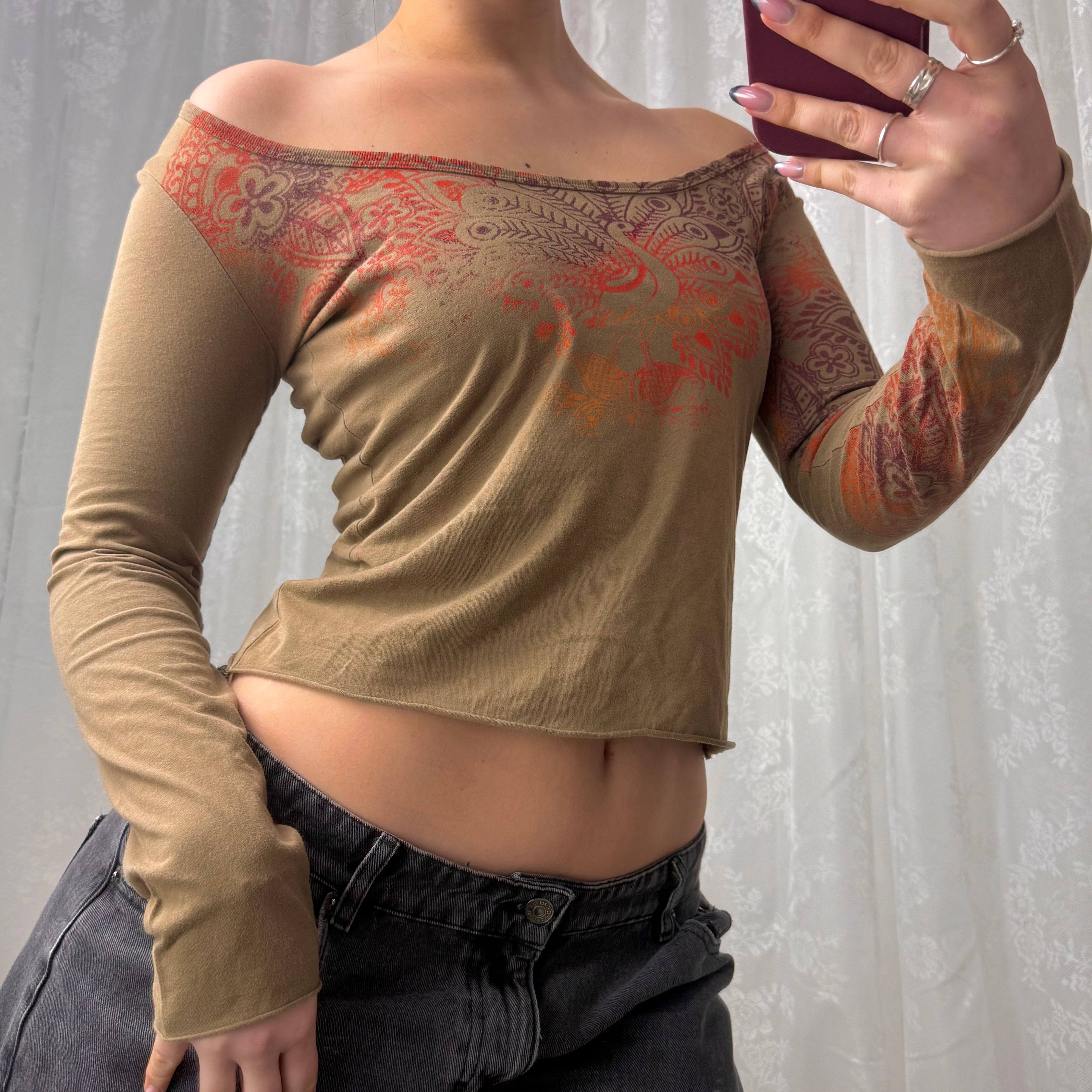 Khaki/brown GUESS patterned off the shoulder long sleeved top