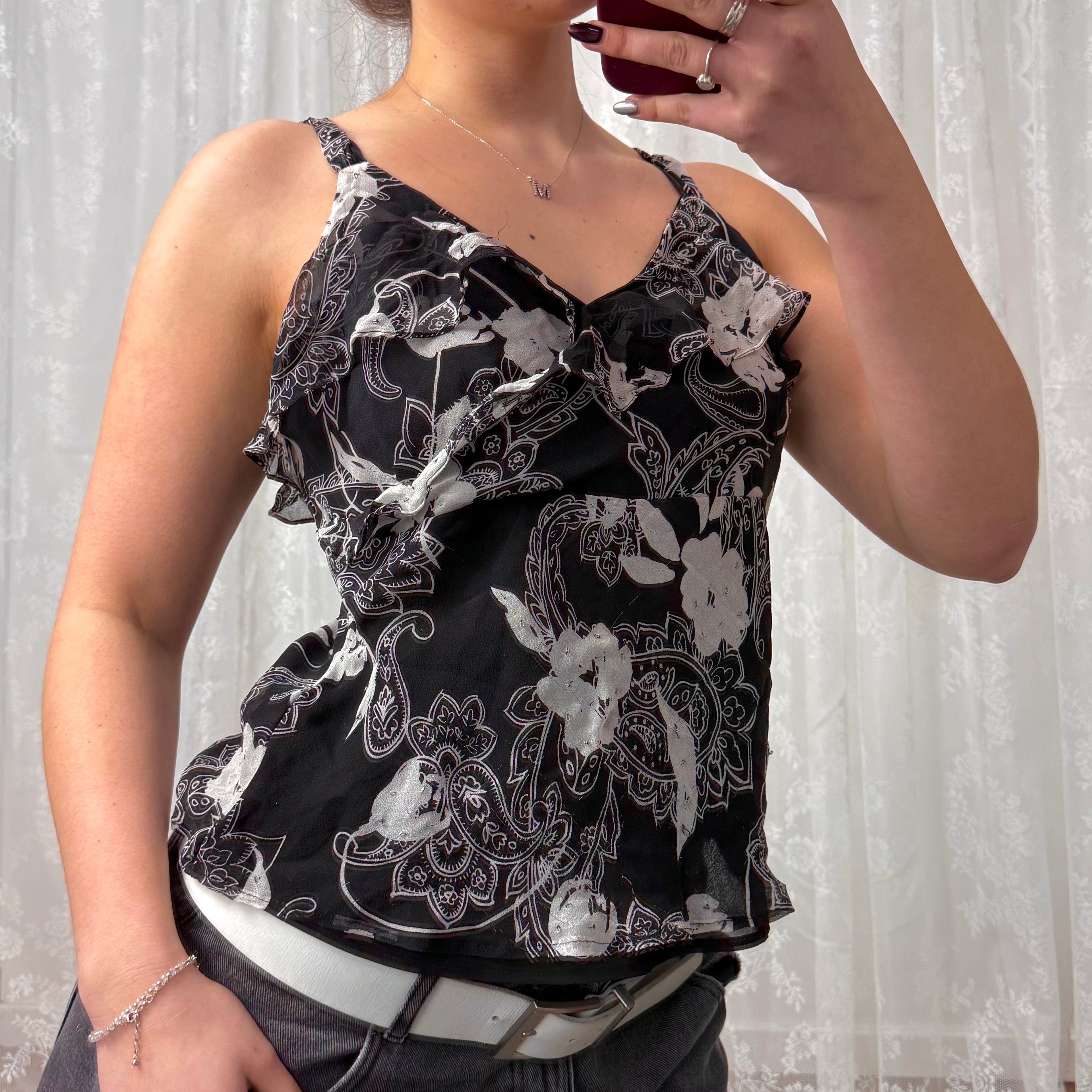Black and white detailed silk cami top