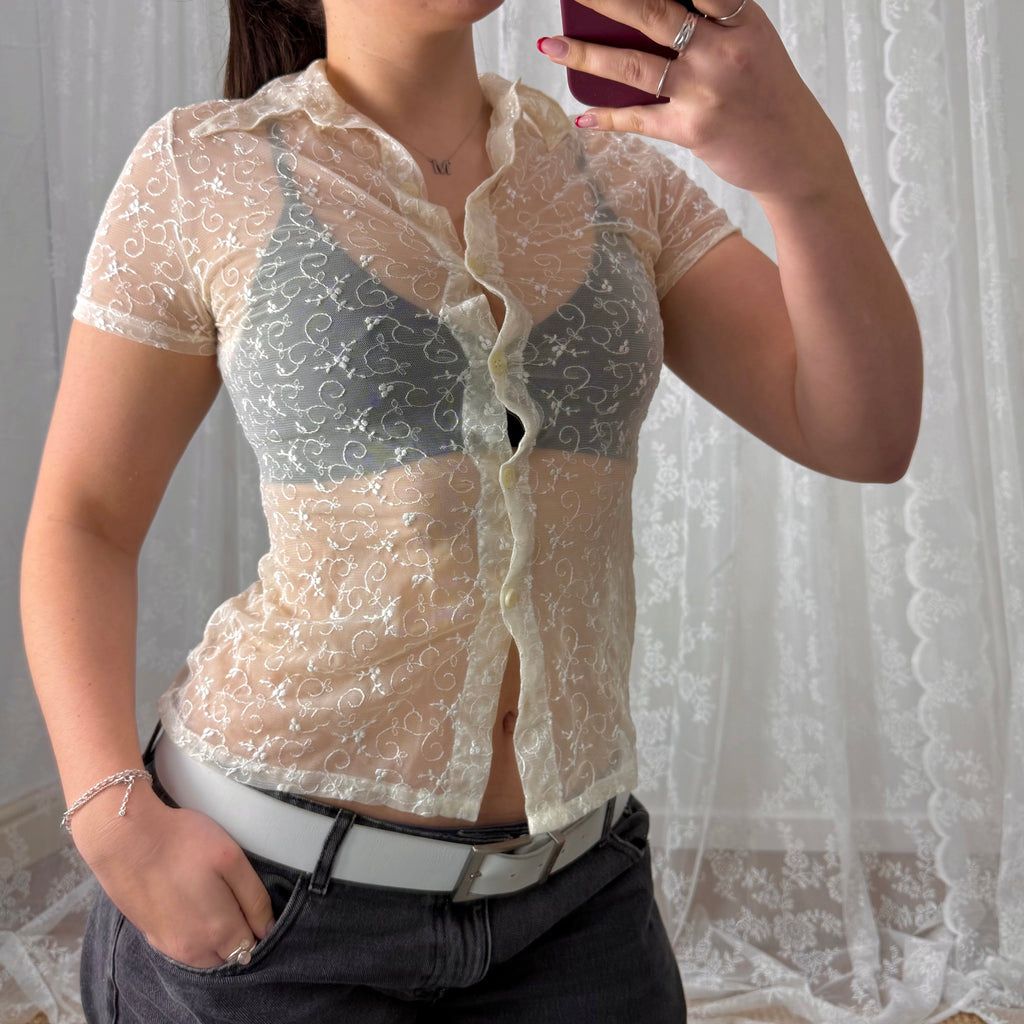Cream mesh embroided shirt